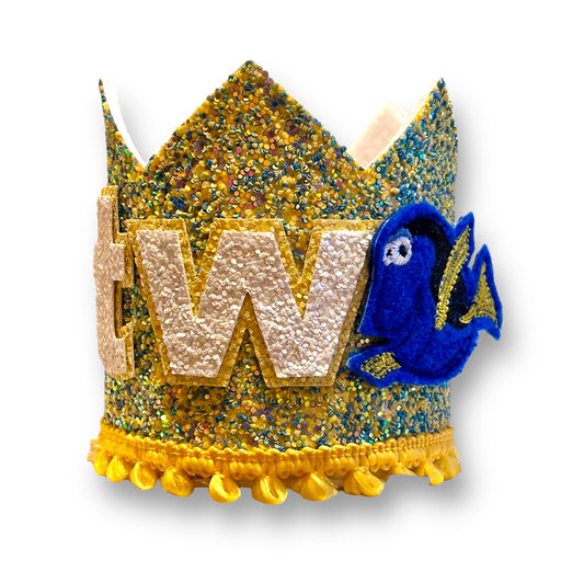 Blue and Yellow Confetti Glitter Fish Birthday Crown