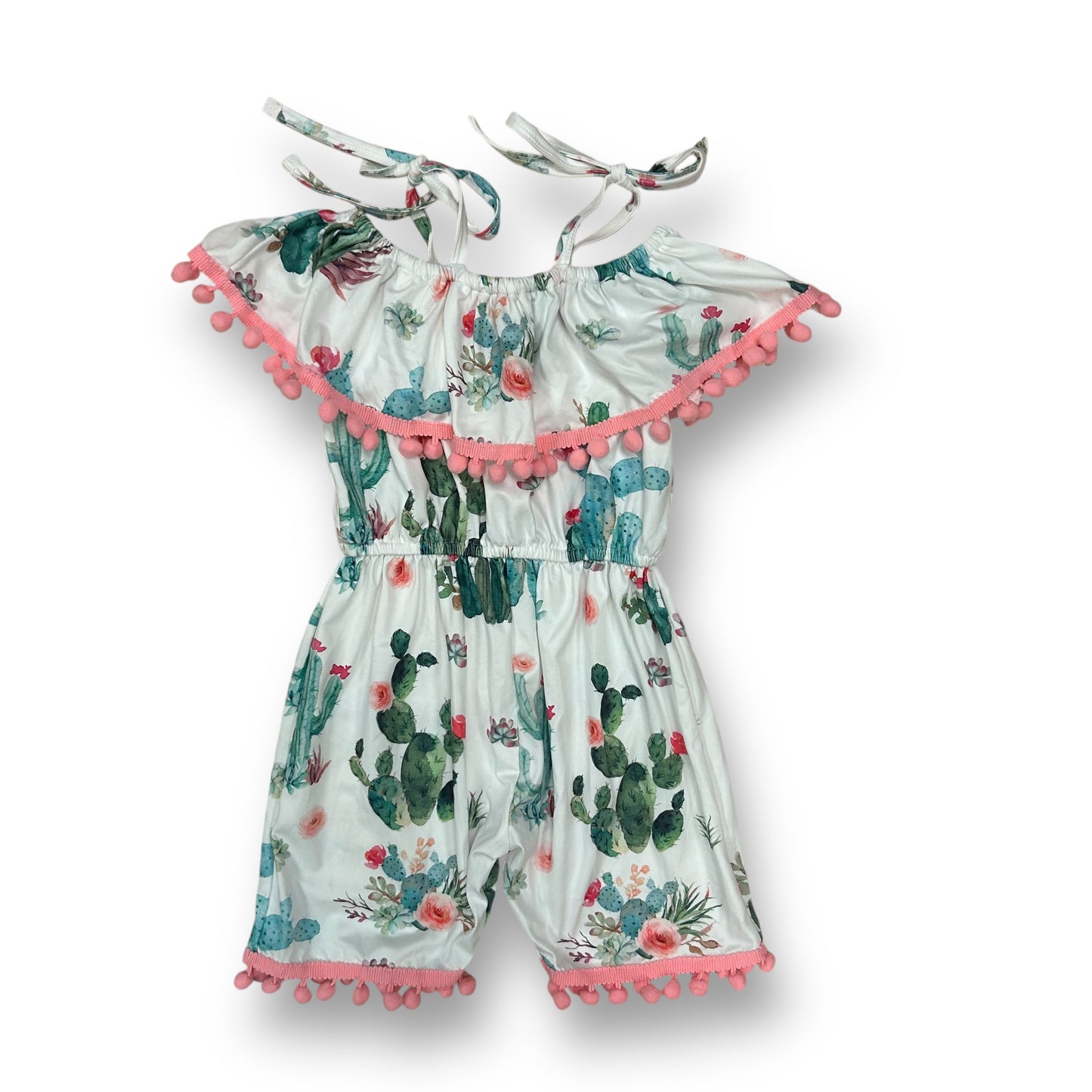 Girls Size 6/7 White Cactus Print Sleeveless Silky Romper with Pom Lined Ruffles