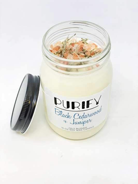 NEW! Jumbo Purify Soy Wax Candle with Herbs and Pink Salt: Black Cedarwood and Juniper