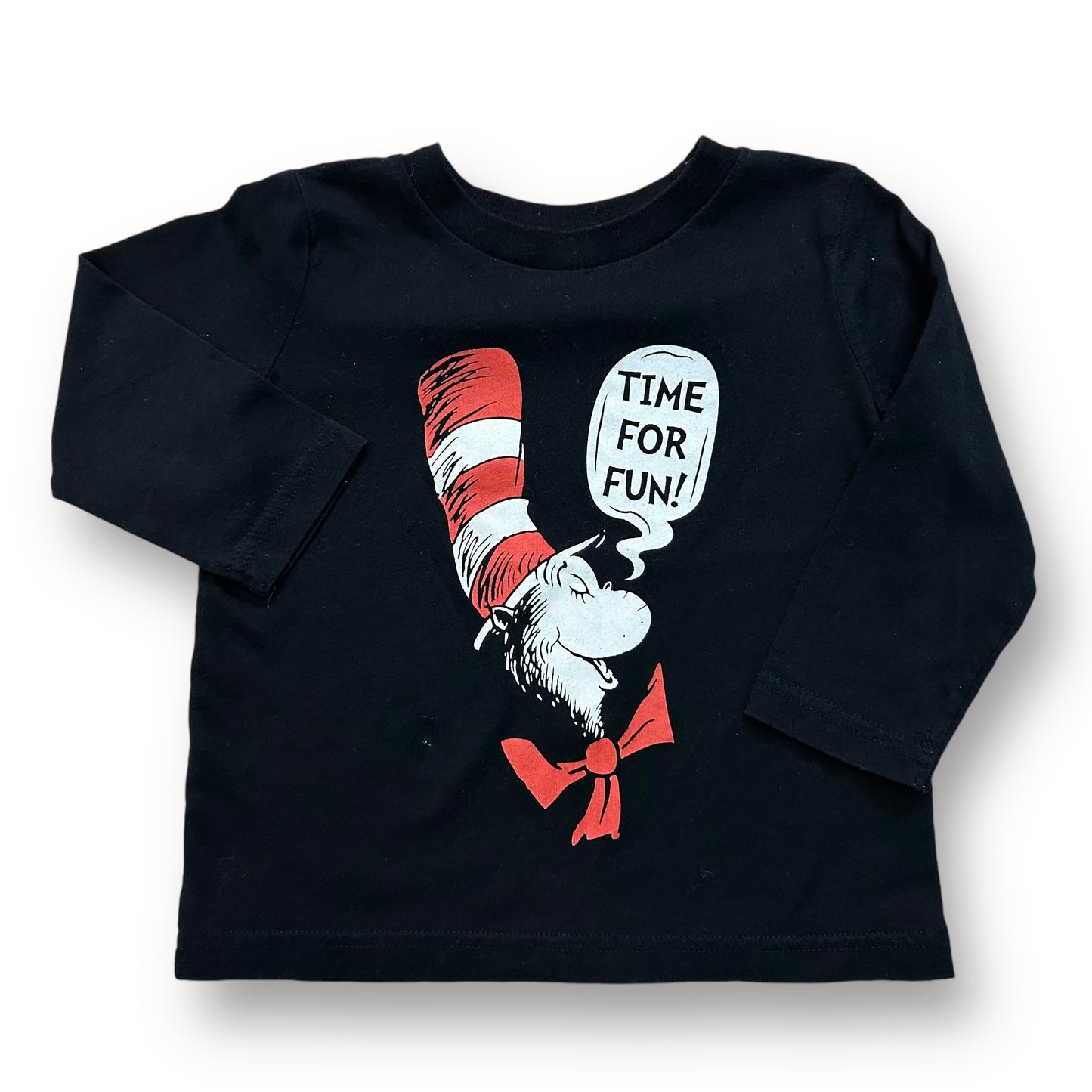 Black long sleeve toddler shirt with a Dr. Seuss character and the text 'Time for fun!' printed on it.