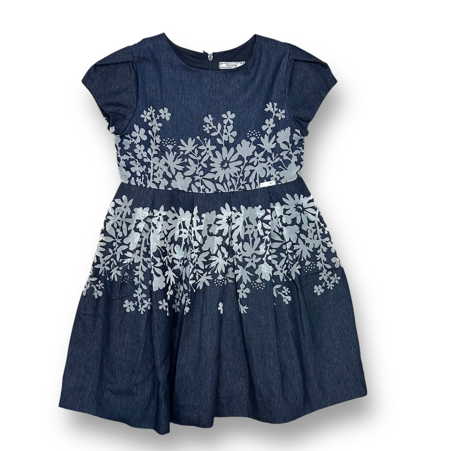 Mayoral Girls Size 7/8 Dress Navy Pleated Empire Waist Denim Style