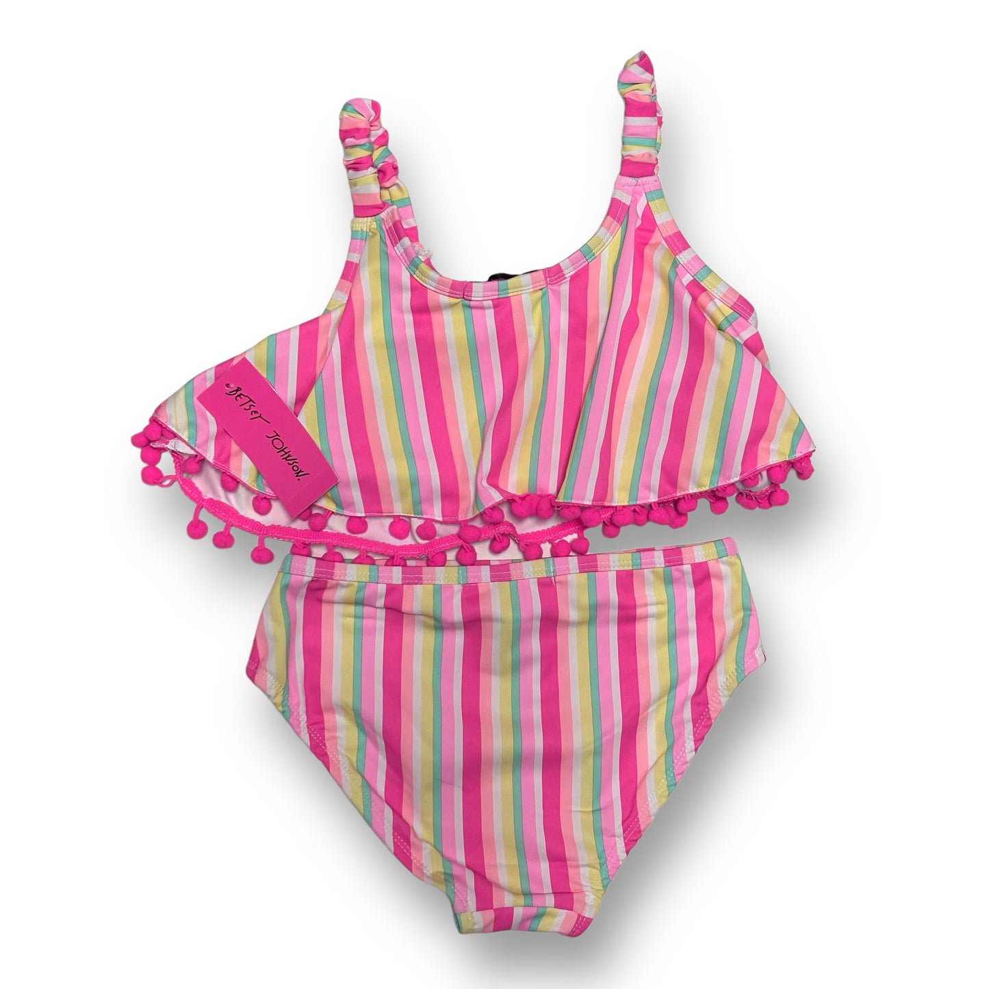 NEW! Girls Betsey Johnson Size 10 UPF +50 Striped 2-Pc Pom Swim Suit