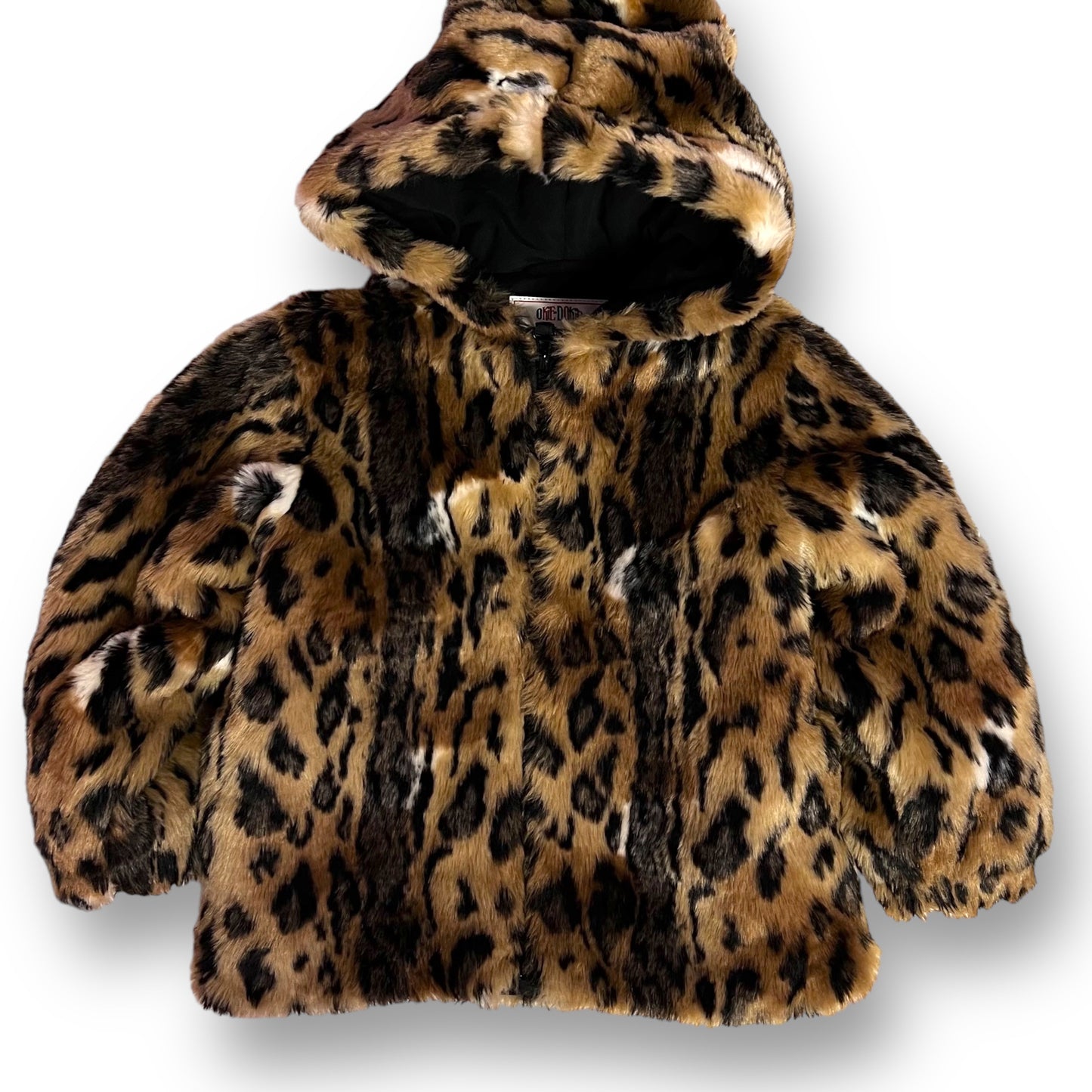 Girls Size 4T Soft Faux Fur Leopard Print Brown and Black Coat with Hood