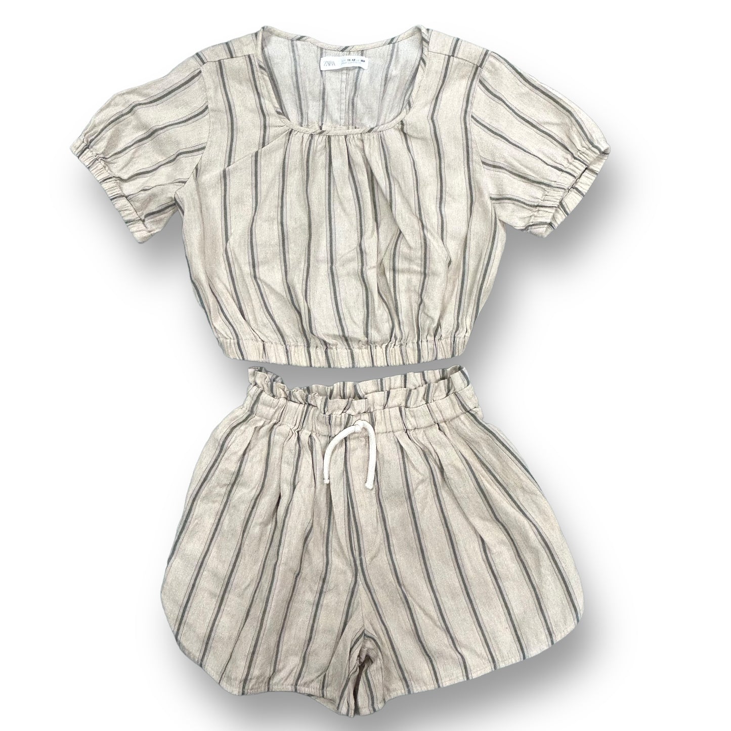 Girls Zara 10/12 Beige Striped Elastic Waist Boho Shorts & Top 2-Pc Outfit Set