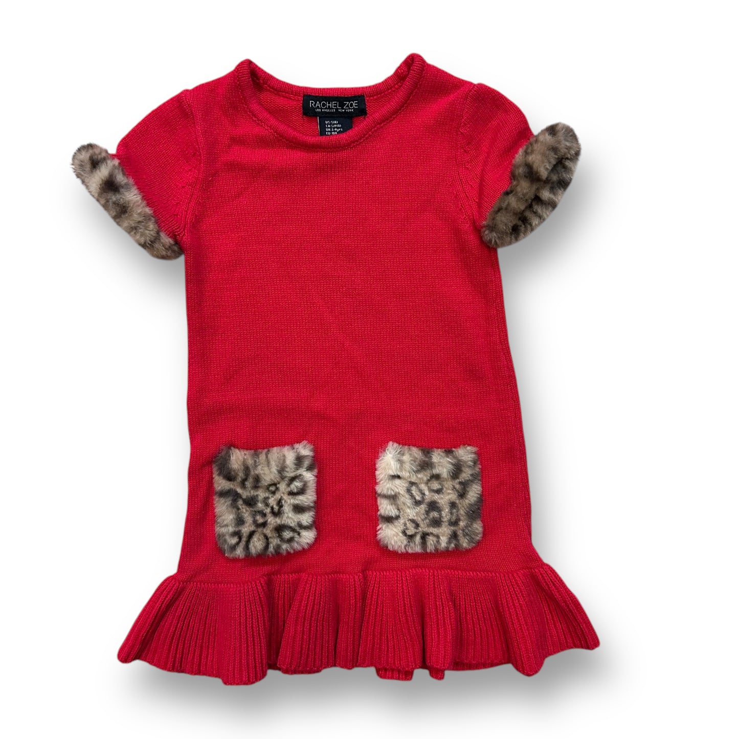 Rachel Zoe Size 4T Girls Sweater Dress Red Soft Knit with Animal Print Faux Fur