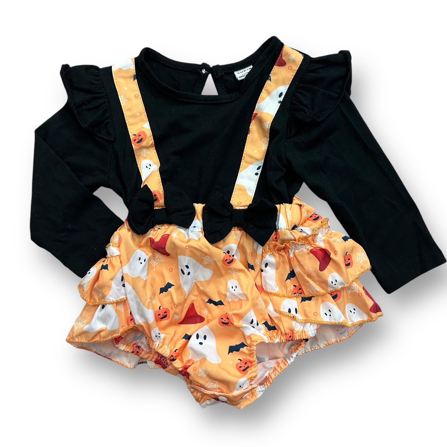 Girls Size 6-9 Months Orange & Black Ruffle Halloween Romper