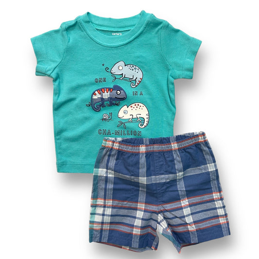 Carter's Boys 9 Months Outfit Embroidered Chameleon Shirt & Plaid Shorts Set