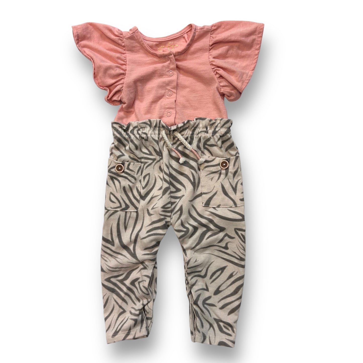 Jessica Simpson Girls Romper Size 6-9 Months Pink and Gray Ruffled Jumpsuit