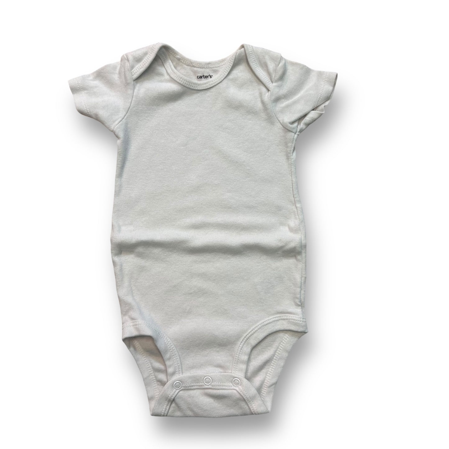 White short sleeve snap bottom bodysuit for a baby boy.