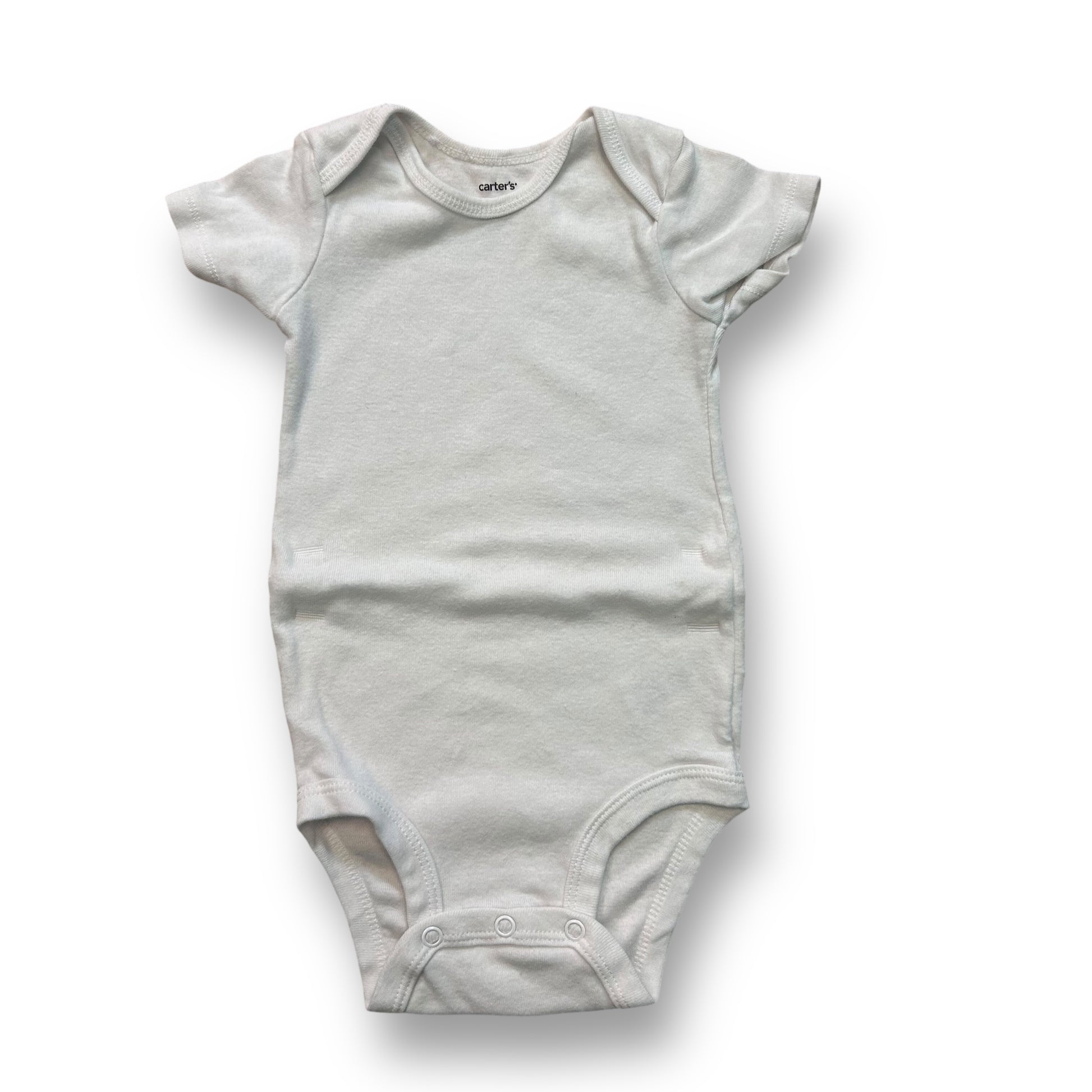 White short sleeve snap bottom bodysuit for a baby boy.