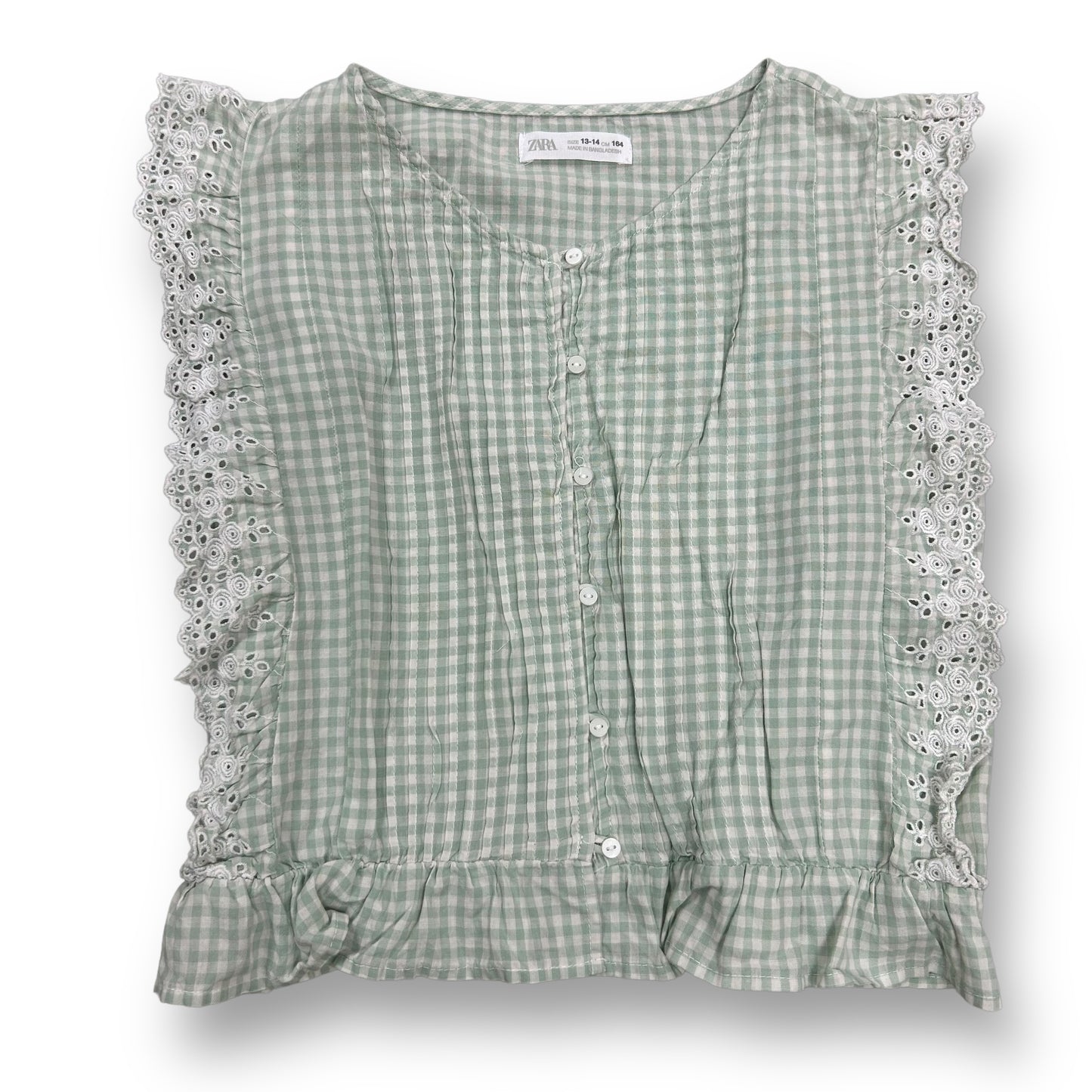 Zara Girls Size 14 Youth Sage Green Gingham Sleeveless Eyelet Lace Blouse