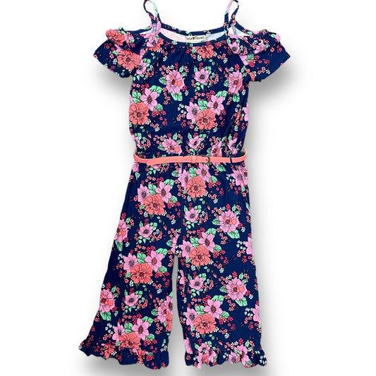 Girls Satin Flowers Size 10 Youth Navy & Pink Floral Belted Mid-Calf Jumpsuit