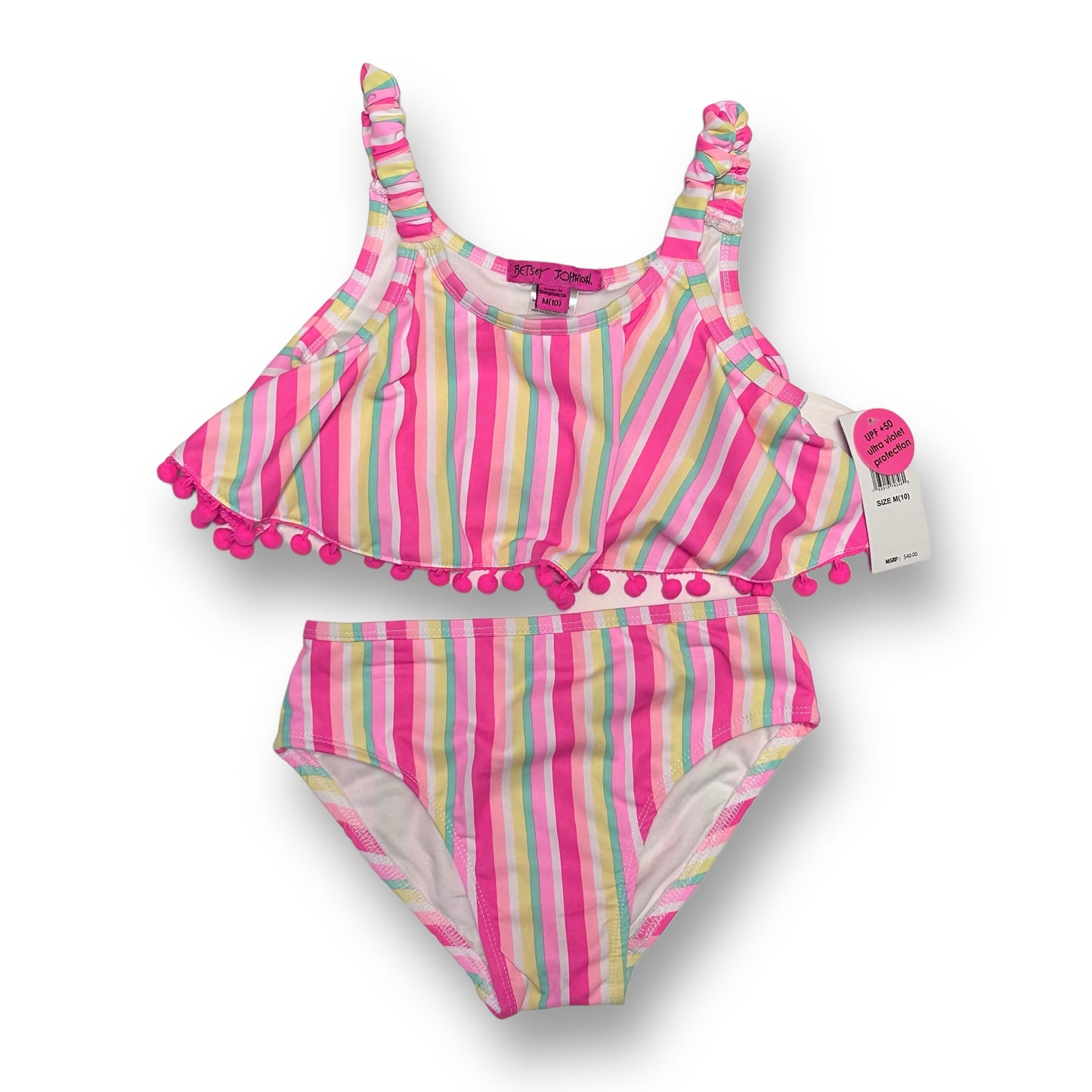 NEW! Girls Betsey Johnson Size 10 UPF +50 Striped 2-Pc Pom Swim Suit