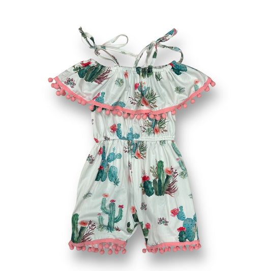 Girls Size 6/7 White Cactus Print Sleeveless Silky Romper with Pom Lined Ruffles