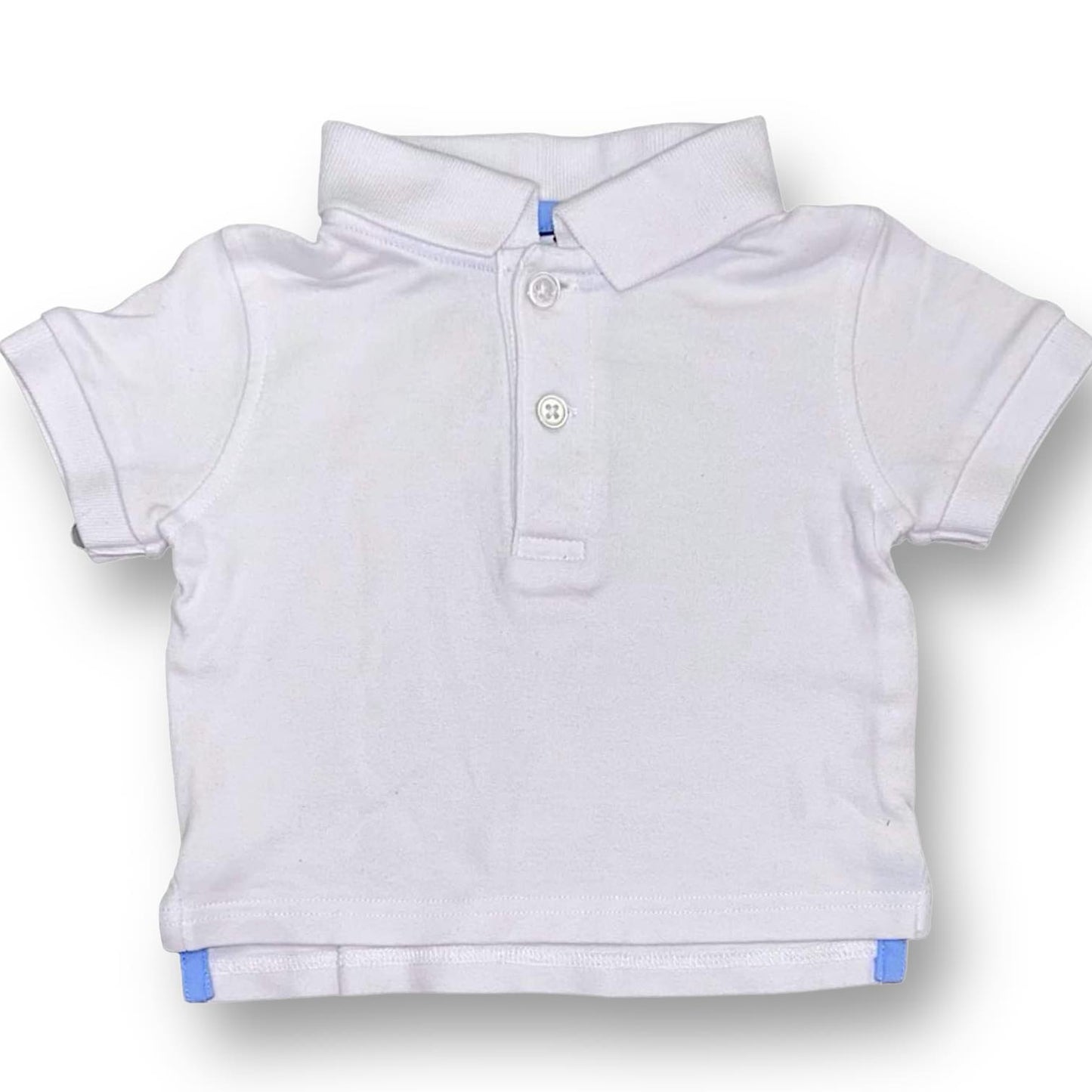 A white short-sleeved polo shirt for boys, with a collar and button-down front.