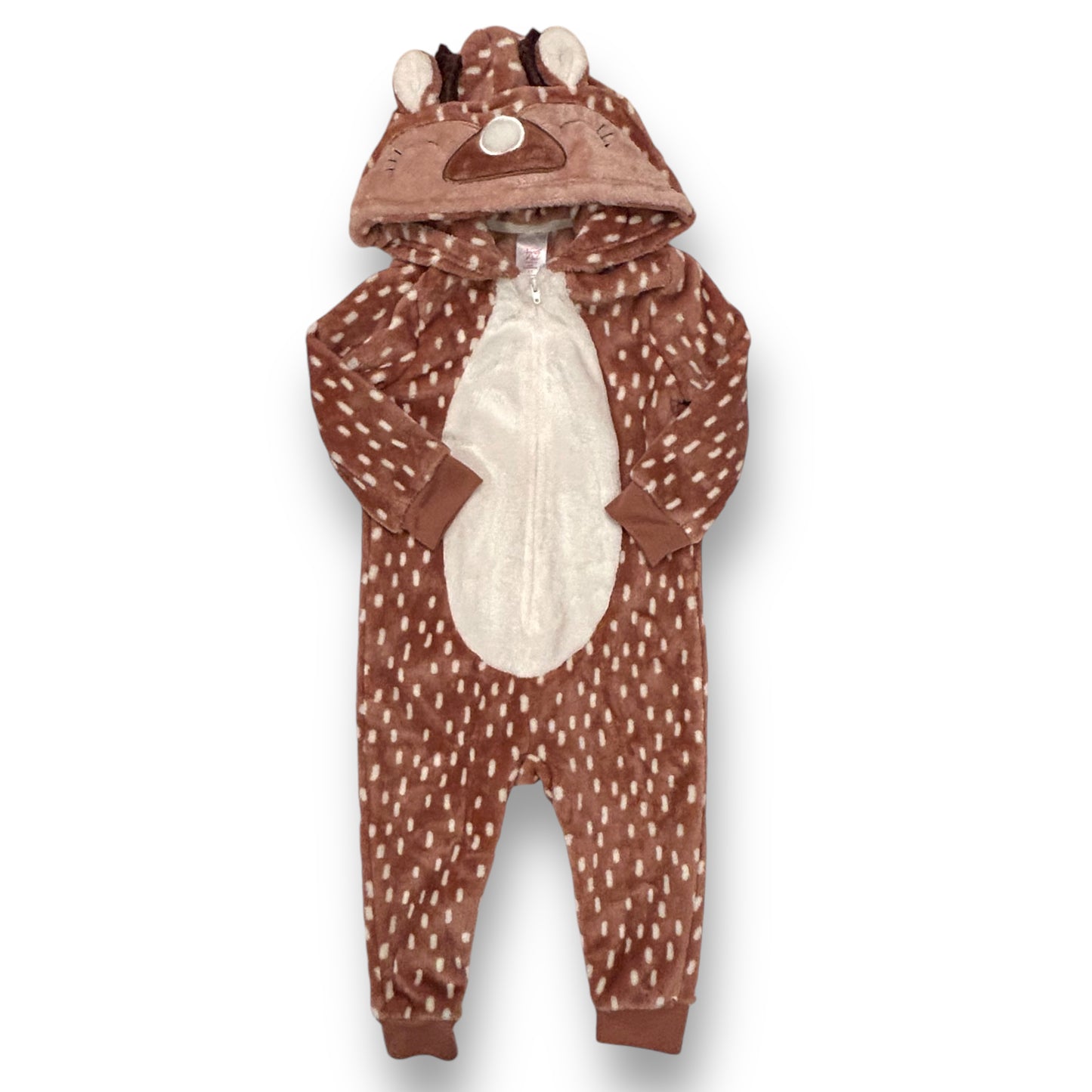 A brown fleece one-piece with a hood featuring a reindeer design, designed for girls.