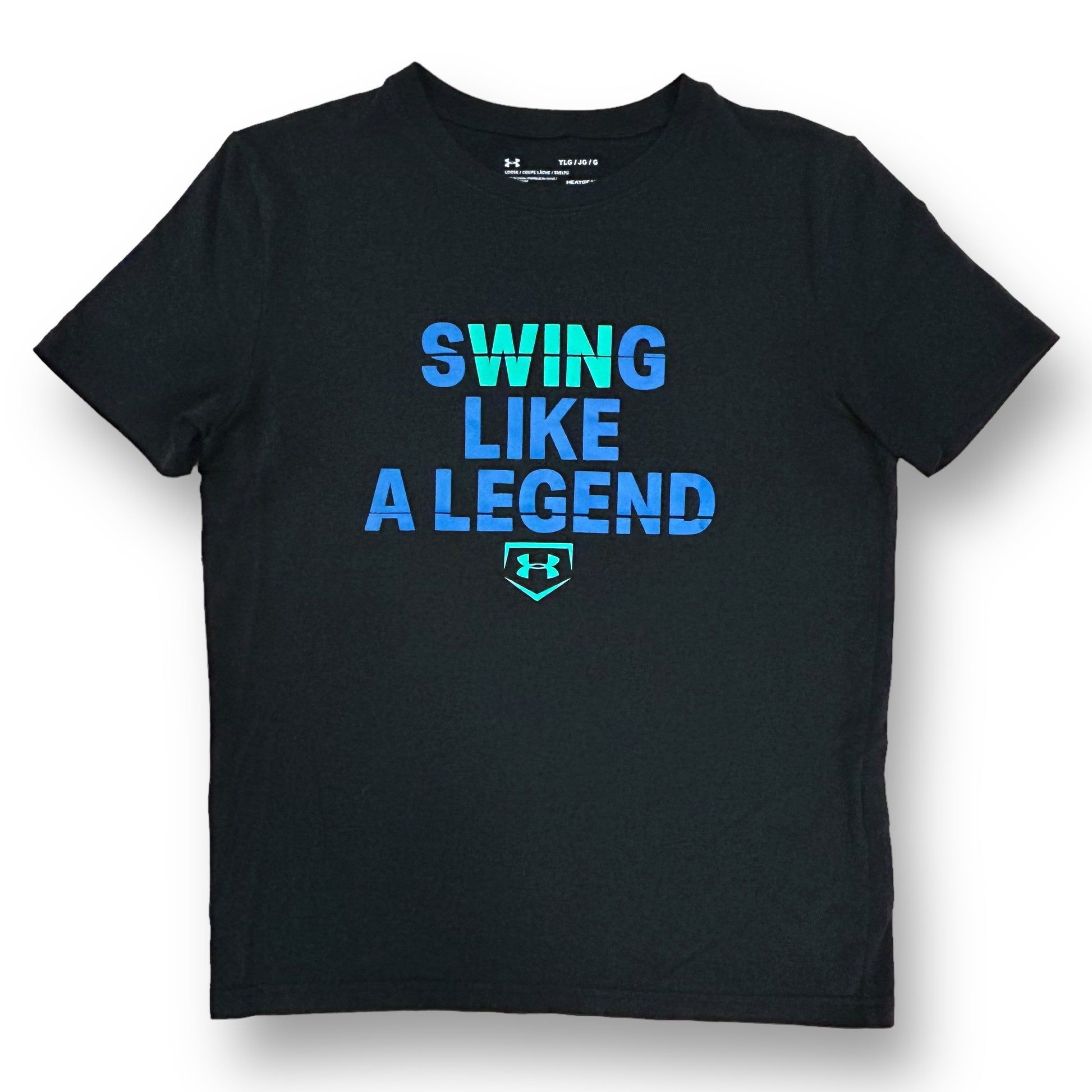 A black short sleeve Under Armour t-shirt for boys with the text 'SWING LIKE A LEGEND' printed on the front.