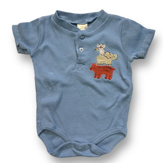 Baby Boy Romper Size 3-6 Months Blue Ribbed Henley with Embroidered Animals