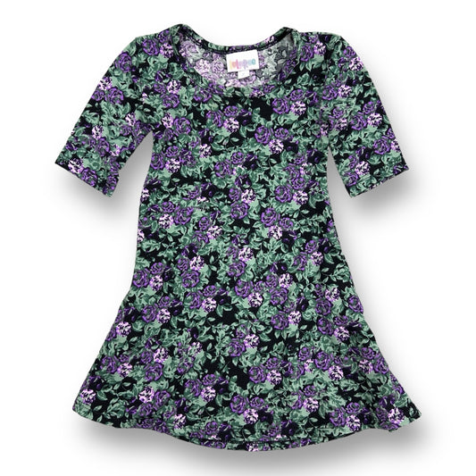Girls Lularoe Size 2 Black & Purple Floral Twirl 3/4 Sleeve Dress