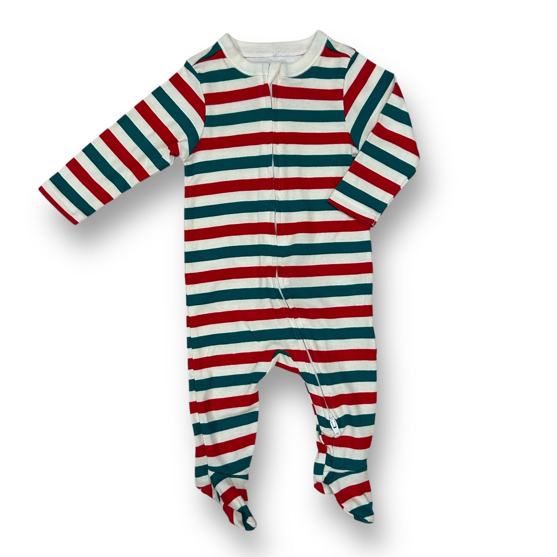 A striped footie sleeper with red and green colors, designed for a 3-6 month old boy.