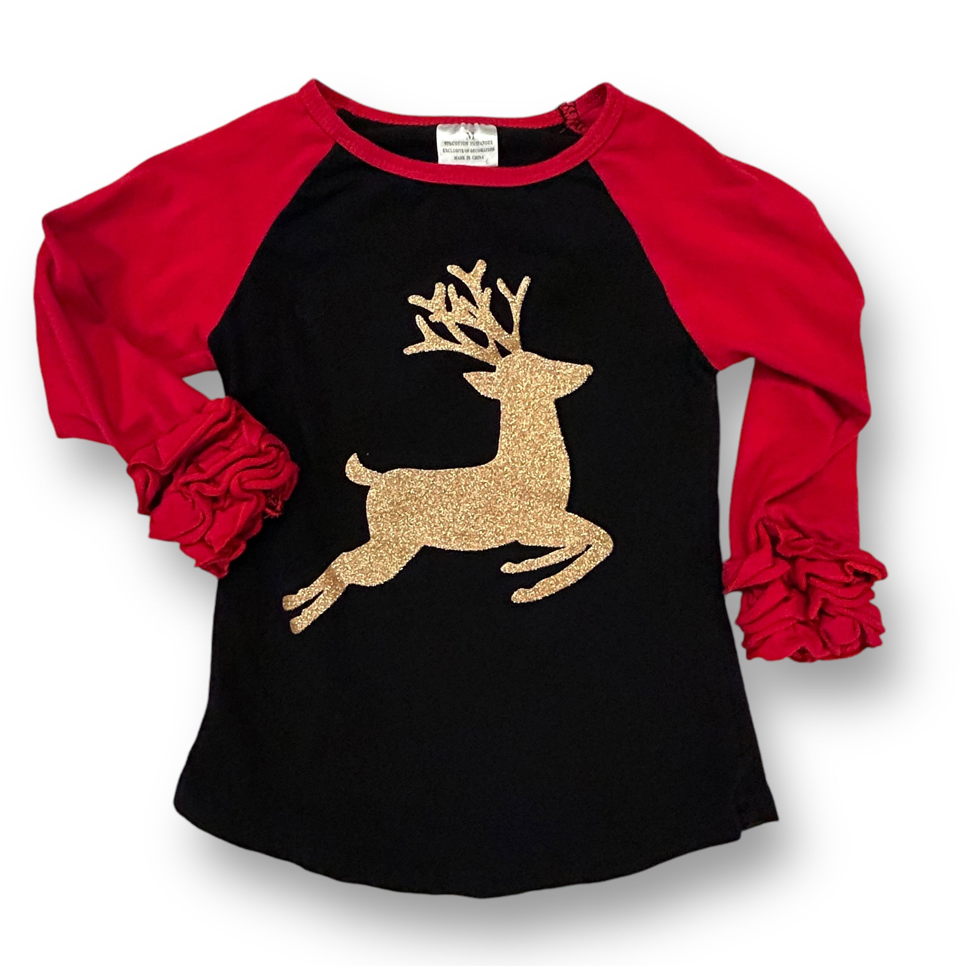 Girls Boutique Size 2T Black & Red Sparkle Reindeer Ruffle Sleeve Shirt
