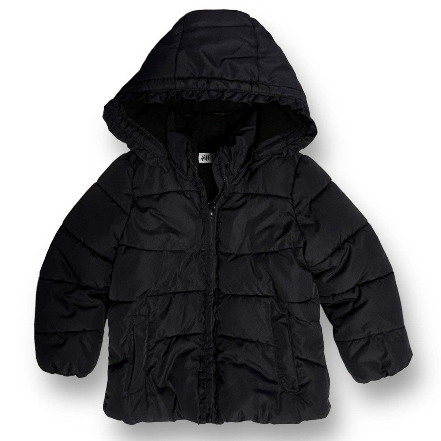 H&M Girls Size 4/5 Black Coat Full Zip Winter Puffer Jacket with Removable Hood