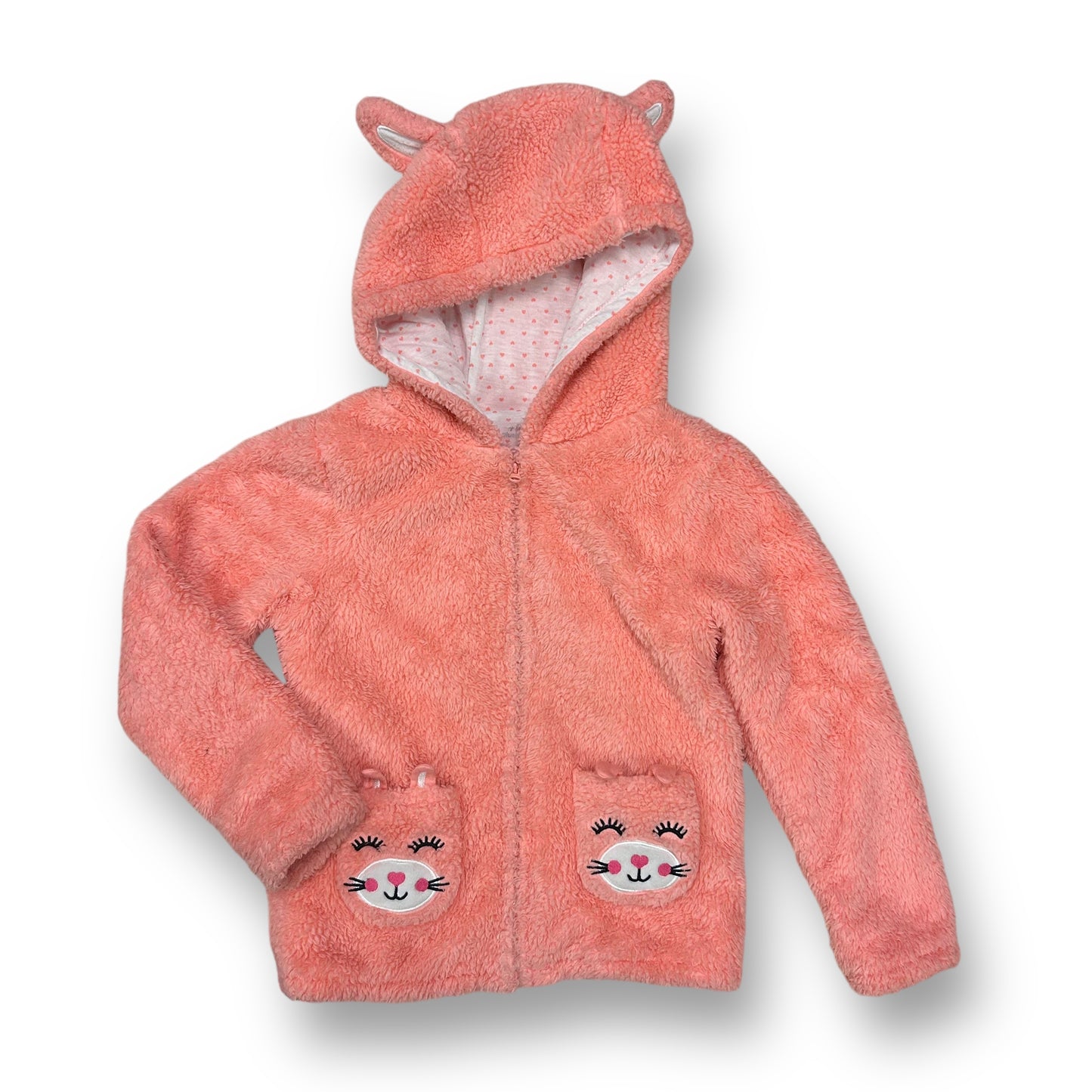 Girls Size 6 Pink Faux Fur Lightweight Zippered Jacket with Kitty Pockets & Hood