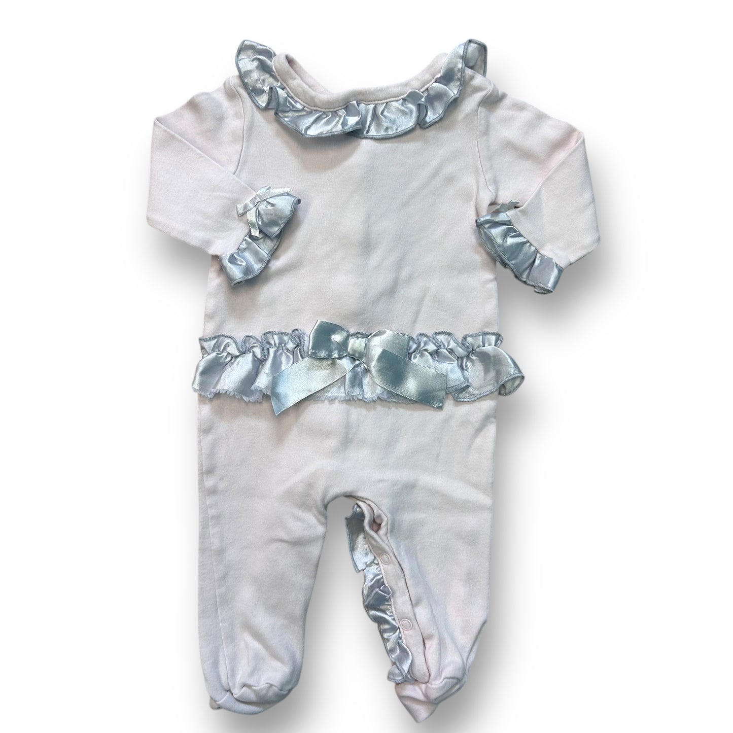 Miniclasix Baby Girl Pink Outfit Size 3 Months Silver Satin Bow and Ruffles