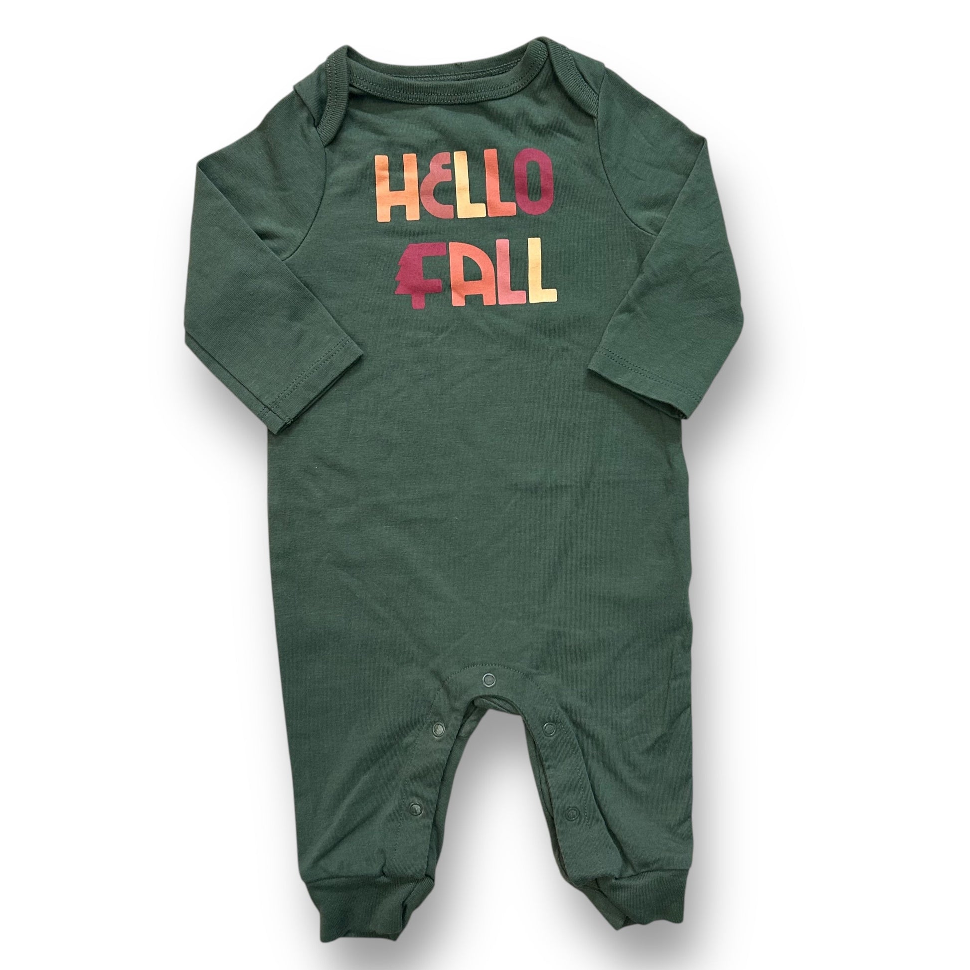 Green one-piece romper with 'Hello Fall' text on the front.