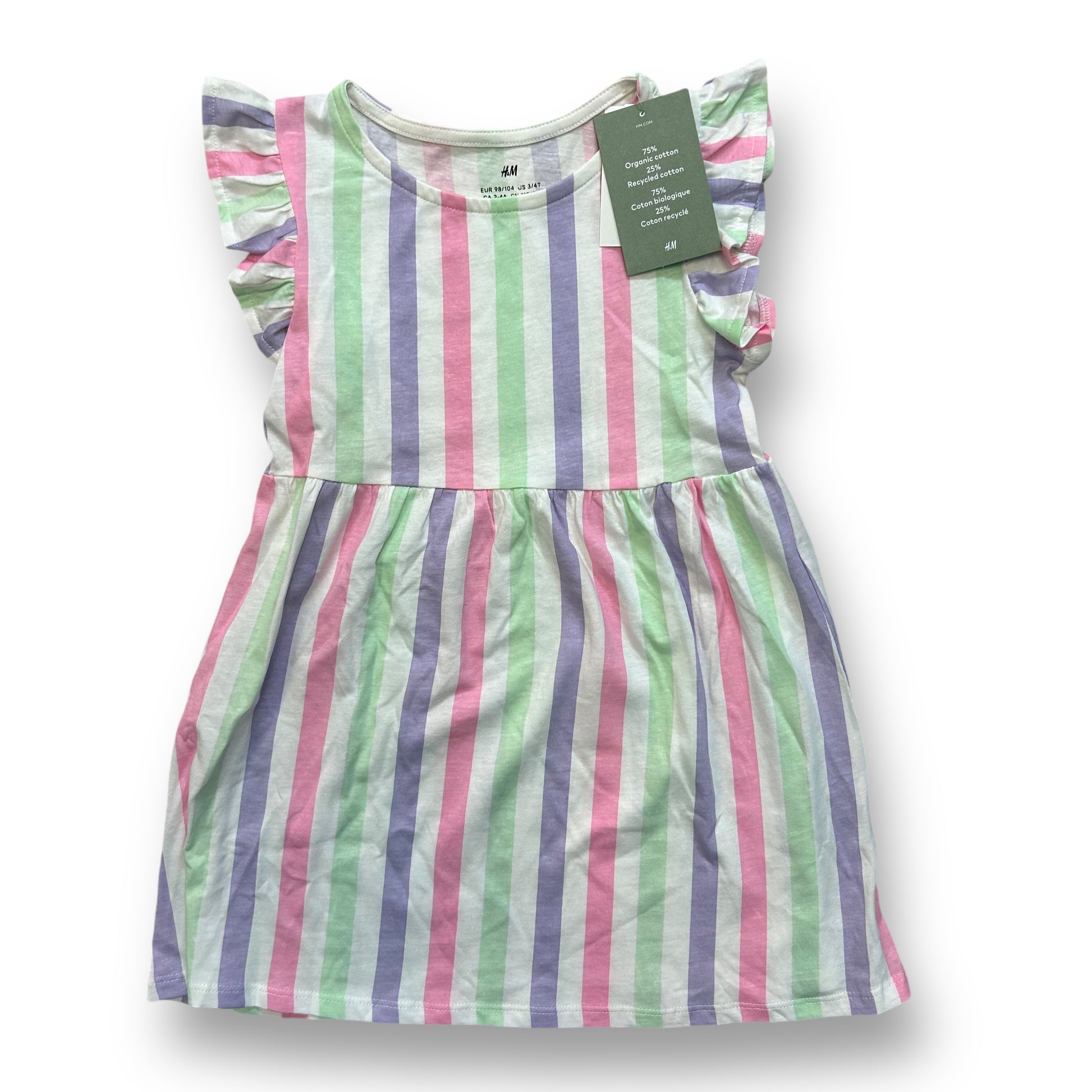 A girls' H&M striped cotton blend dress in pastel colors with a ruffled hemline.