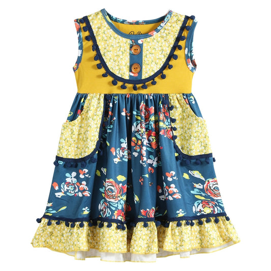 NEW! Ruffles by Tutu and Lulu Size 2T Mustard & Cobalt Floral Pom-Pom Dress