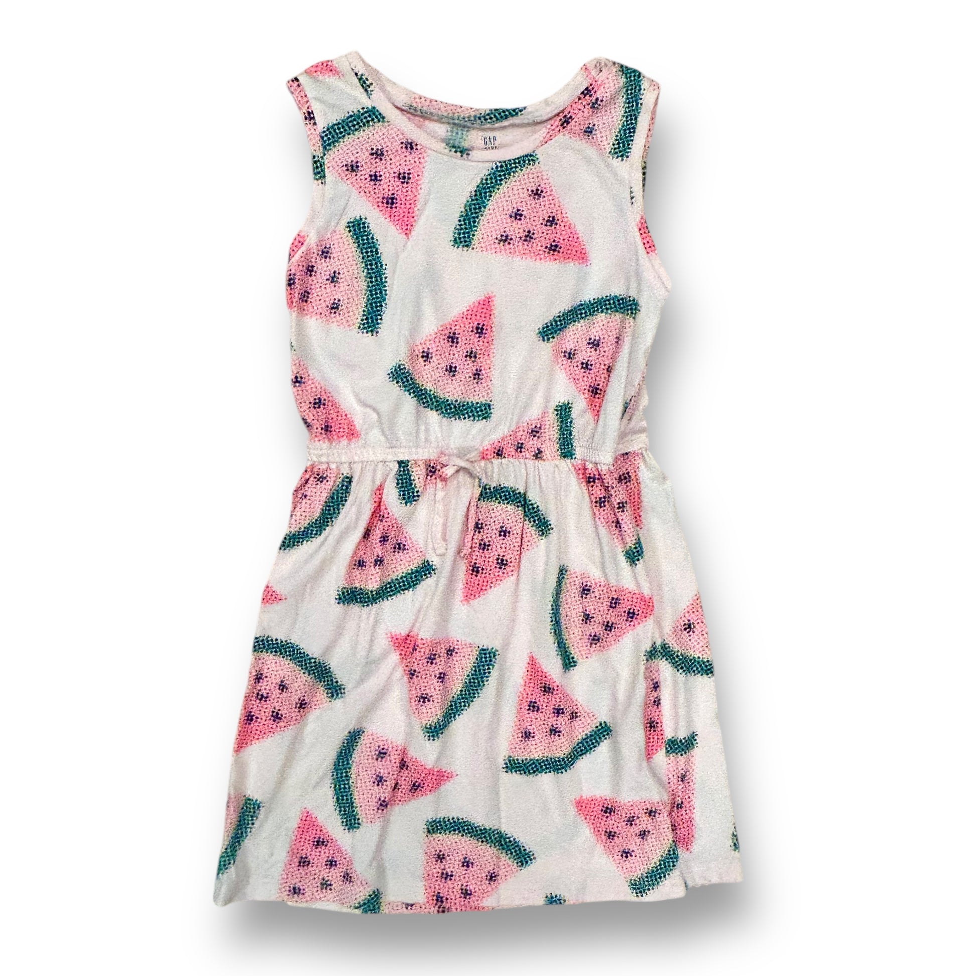 A sleeveless, miniature pink, green, and white watermelon print dress for girls.