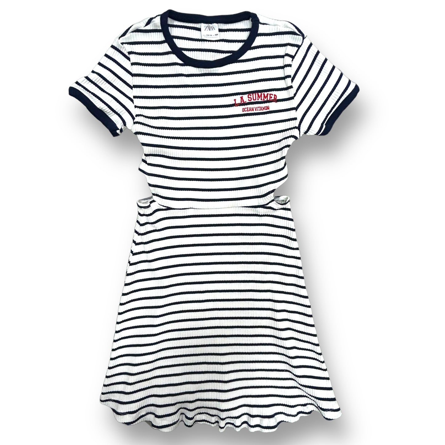 Zara Girls Size 14 Youth Navy & White Ribbed Short Sleeve Dress