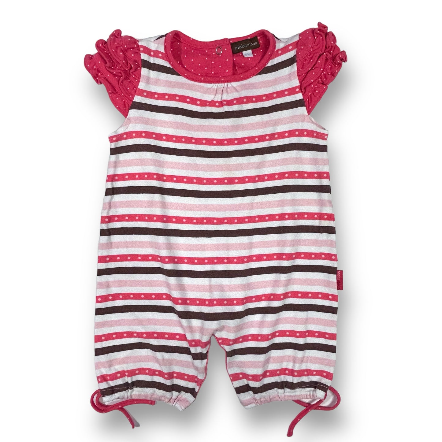 A pink striped specialty romper for girls with a snap bottom, displayed on a white background.