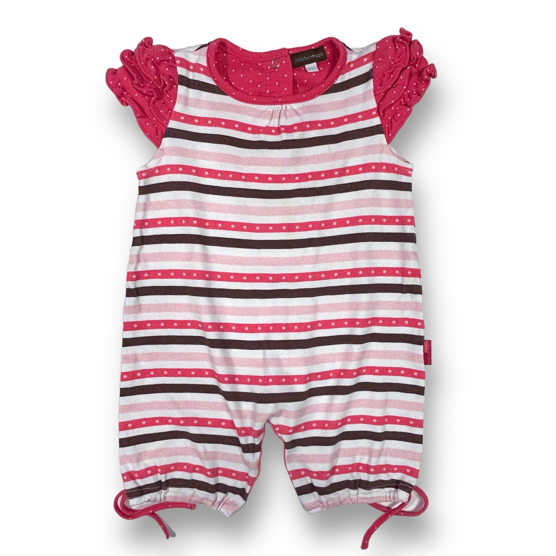 A pink striped specialty romper for girls with a snap bottom, displayed on a white background.