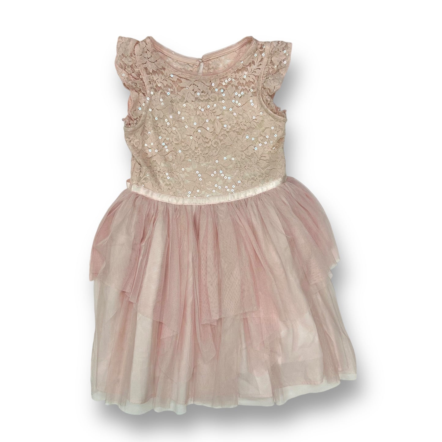 Girls Size 7/8 Pink Blush Lace & Tulle Flutter Sleeve Tutu Dress with Ribbon