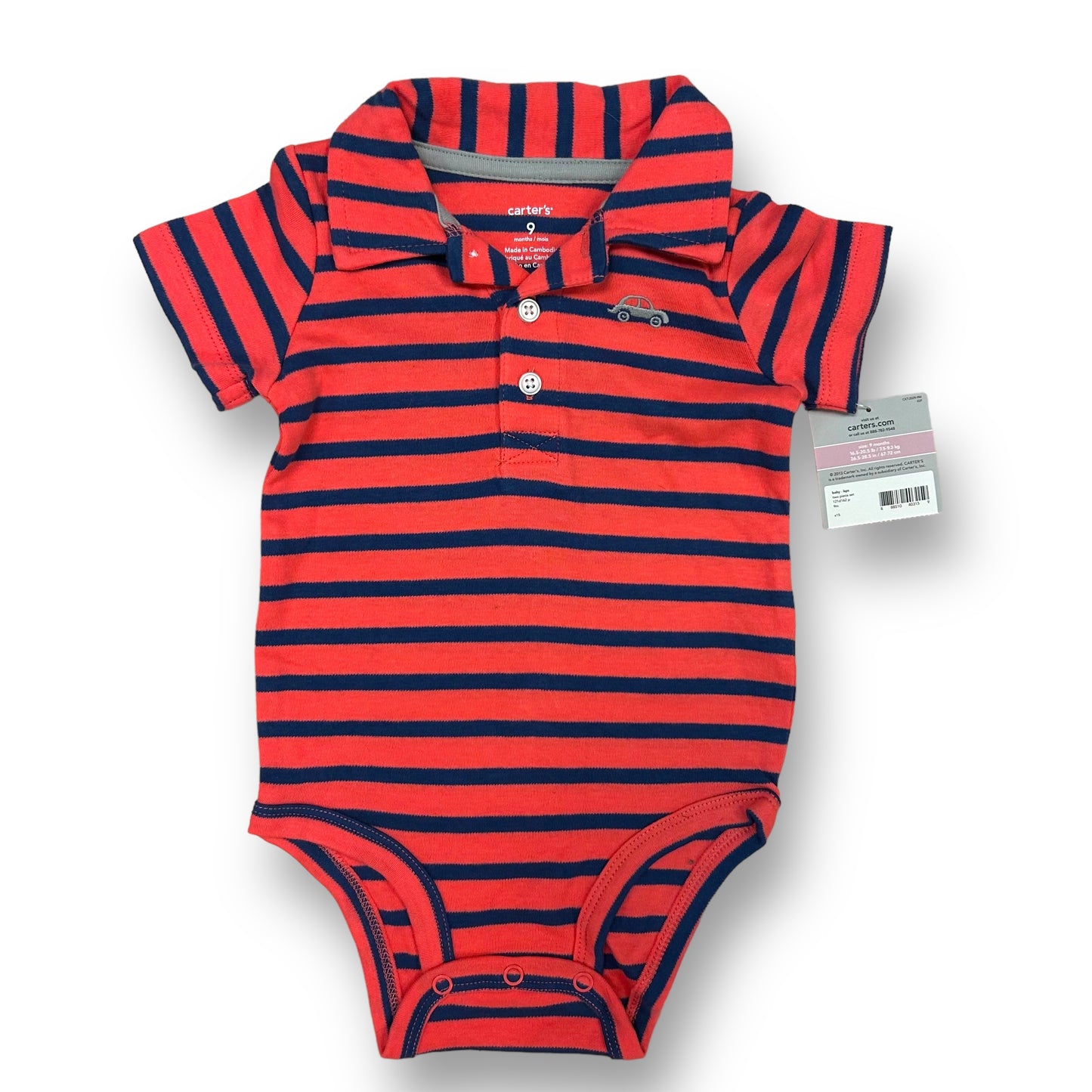 NEW! Carter's Baby Boy Size 9 Months Red Striped Short Sleeve Collared Bodysuit