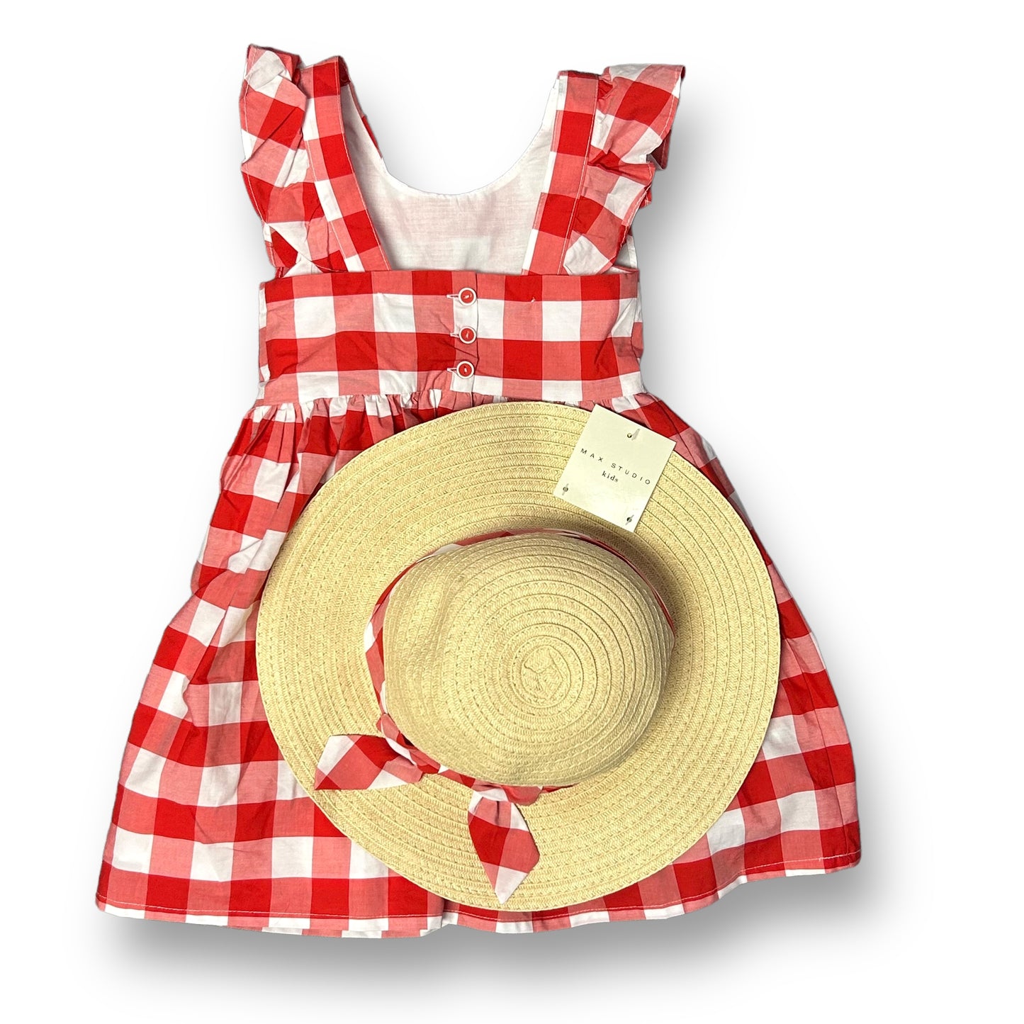 NEW! Girls Max Studio Size 4T Red & White Checkered Sleeveless Dress with Hat