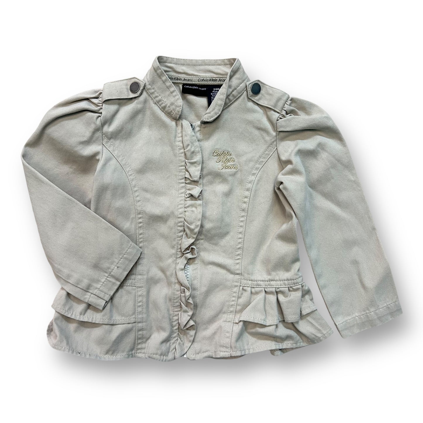Khaki long sleeve ruffle jacket for girls, with brand logo visible on the upper left side.