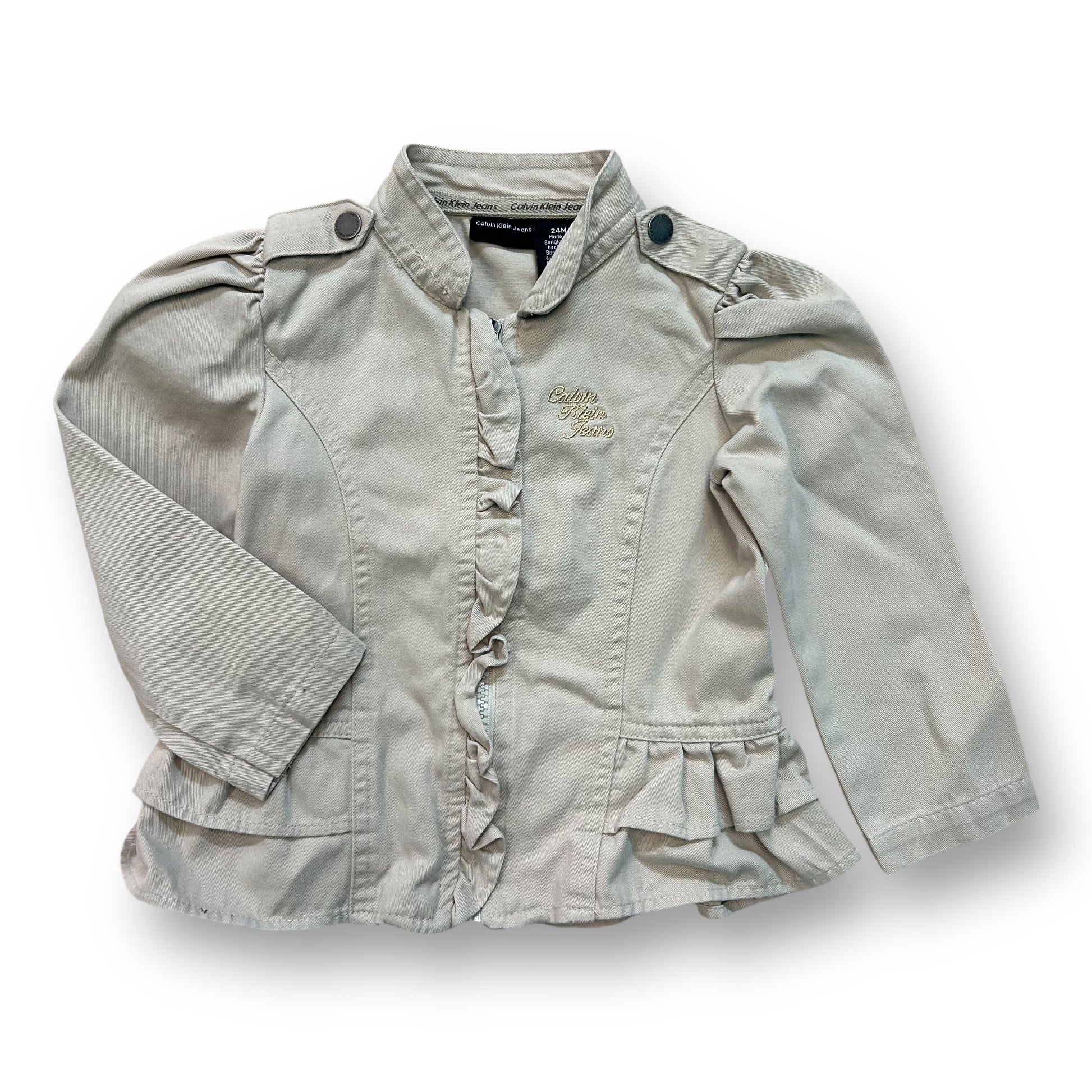 Khaki long sleeve ruffle jacket for girls, with brand logo visible on the upper left side.