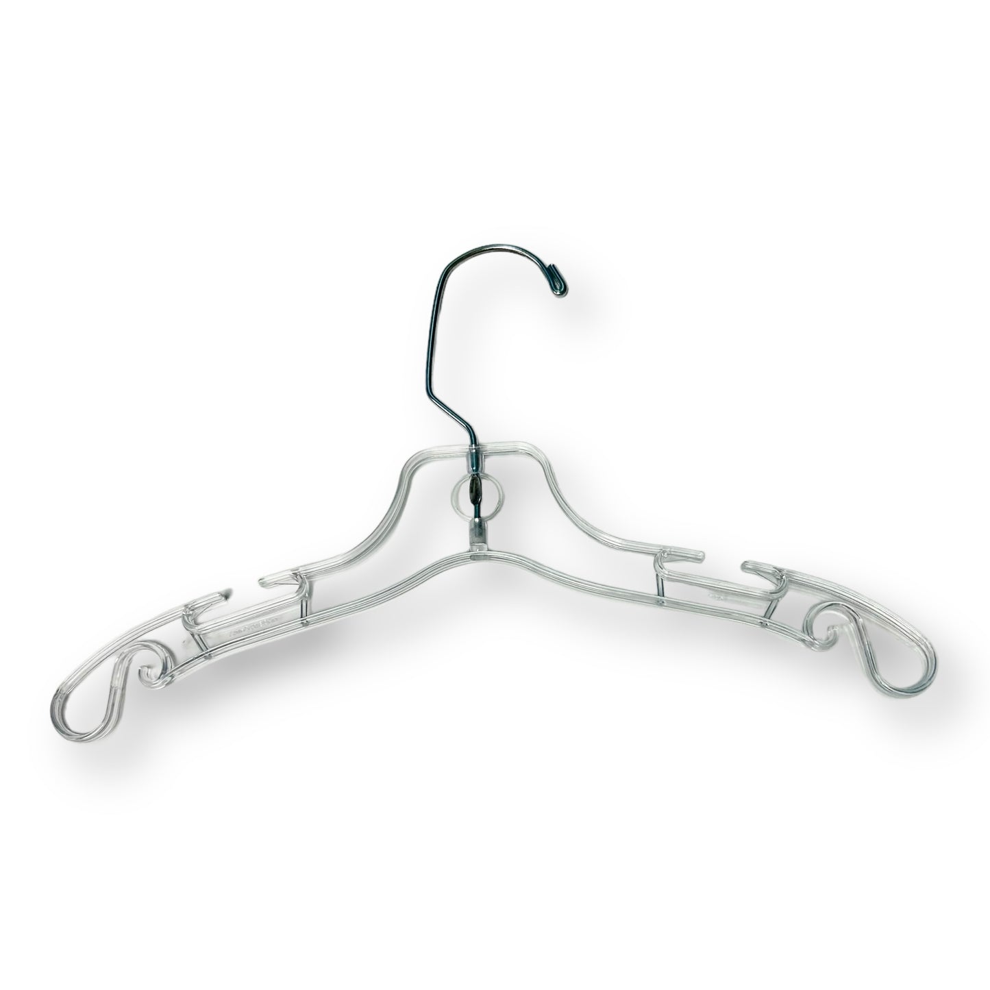 A clear plastic retail dress hanger with a metal hook.