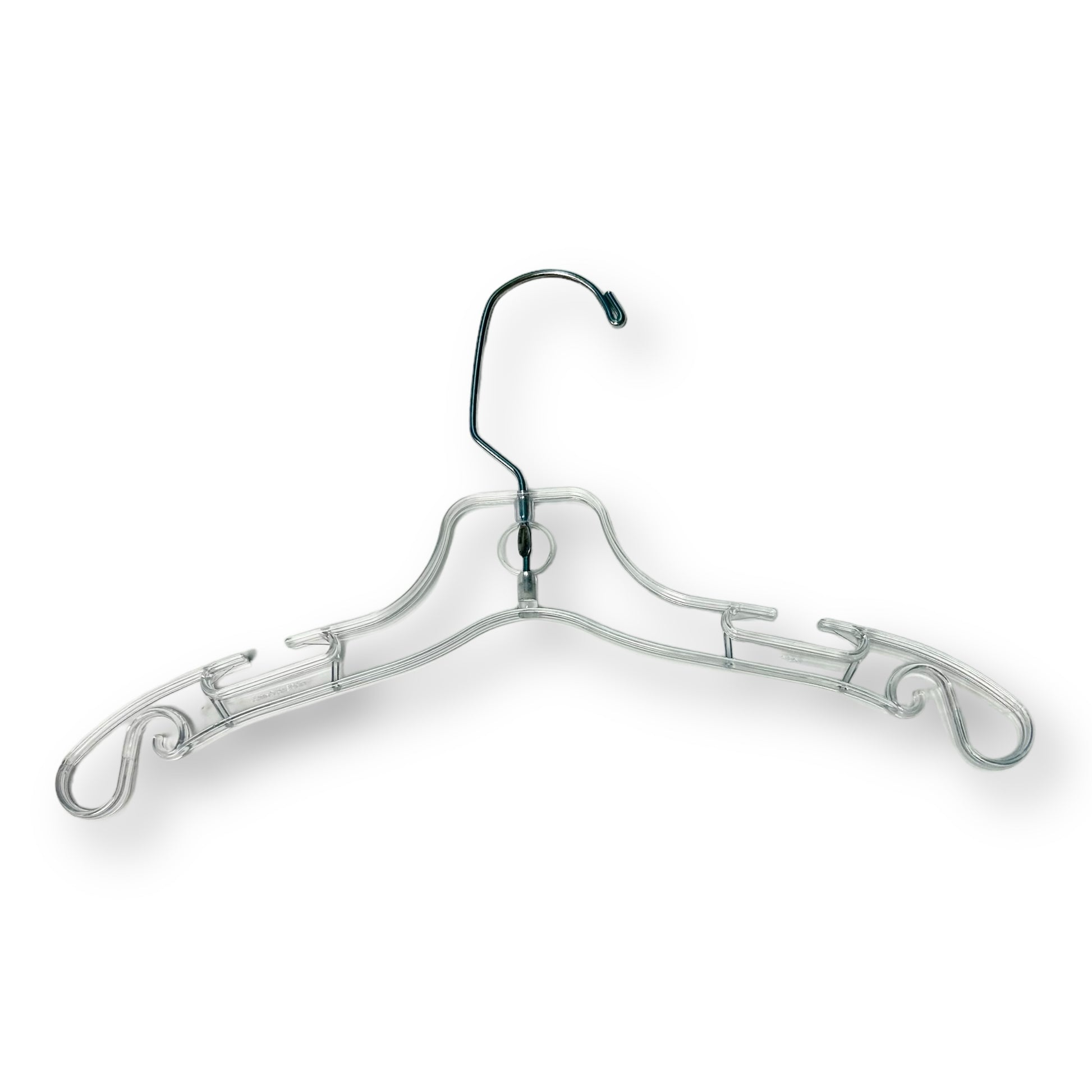 A clear plastic retail dress hanger with a metal hook.