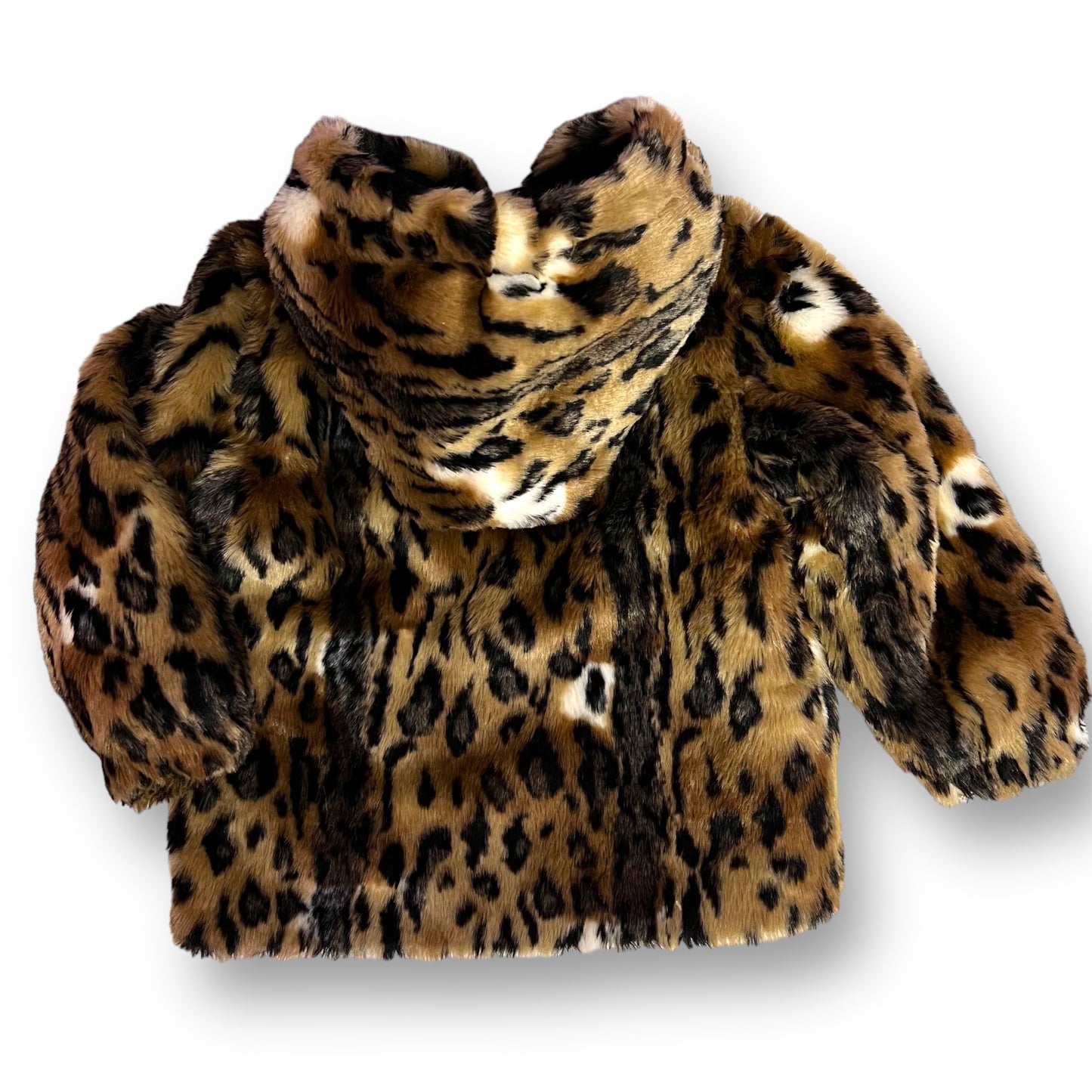 Girls Size 4T Soft Faux Fur Leopard Print Brown and Black Coat with Hood