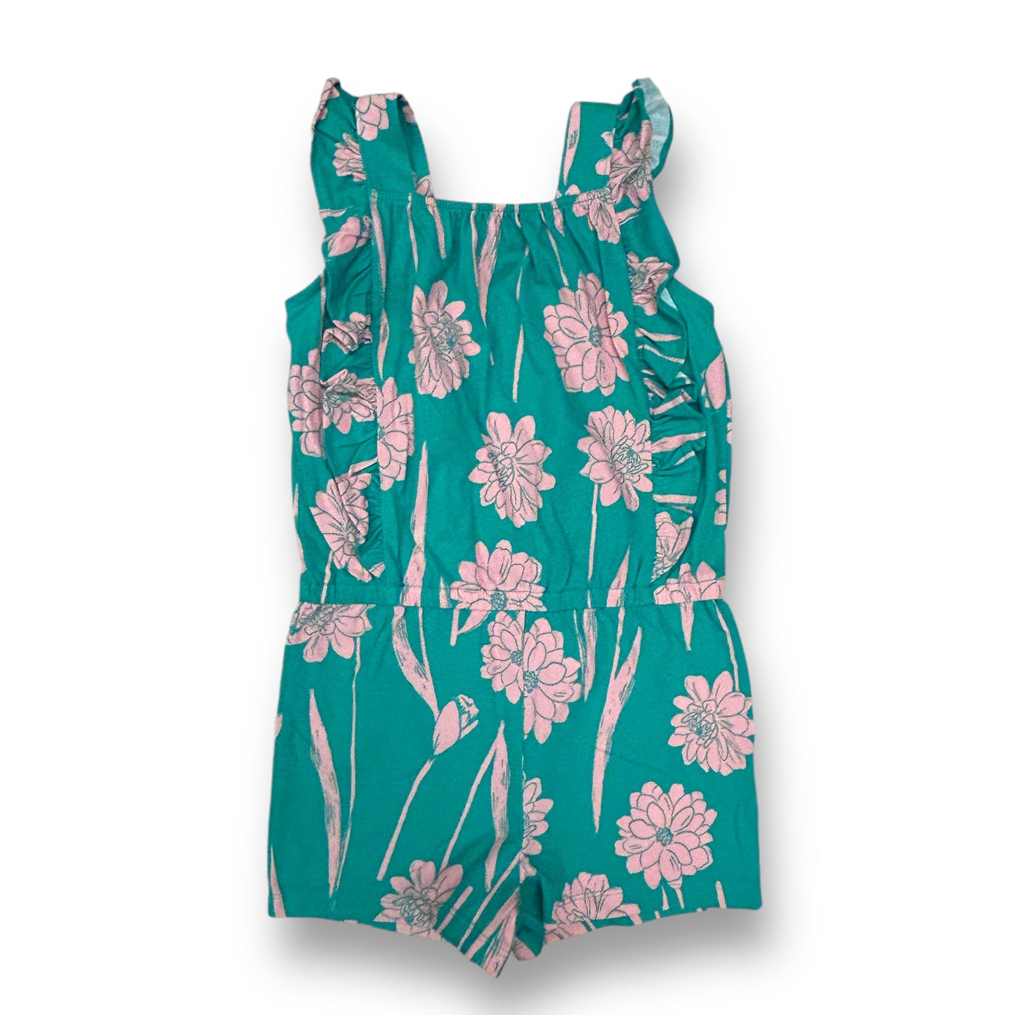 NEW! Girls Size 4T Teal Green and Pink Floral Print Flutter Sleeve Shorts Romper