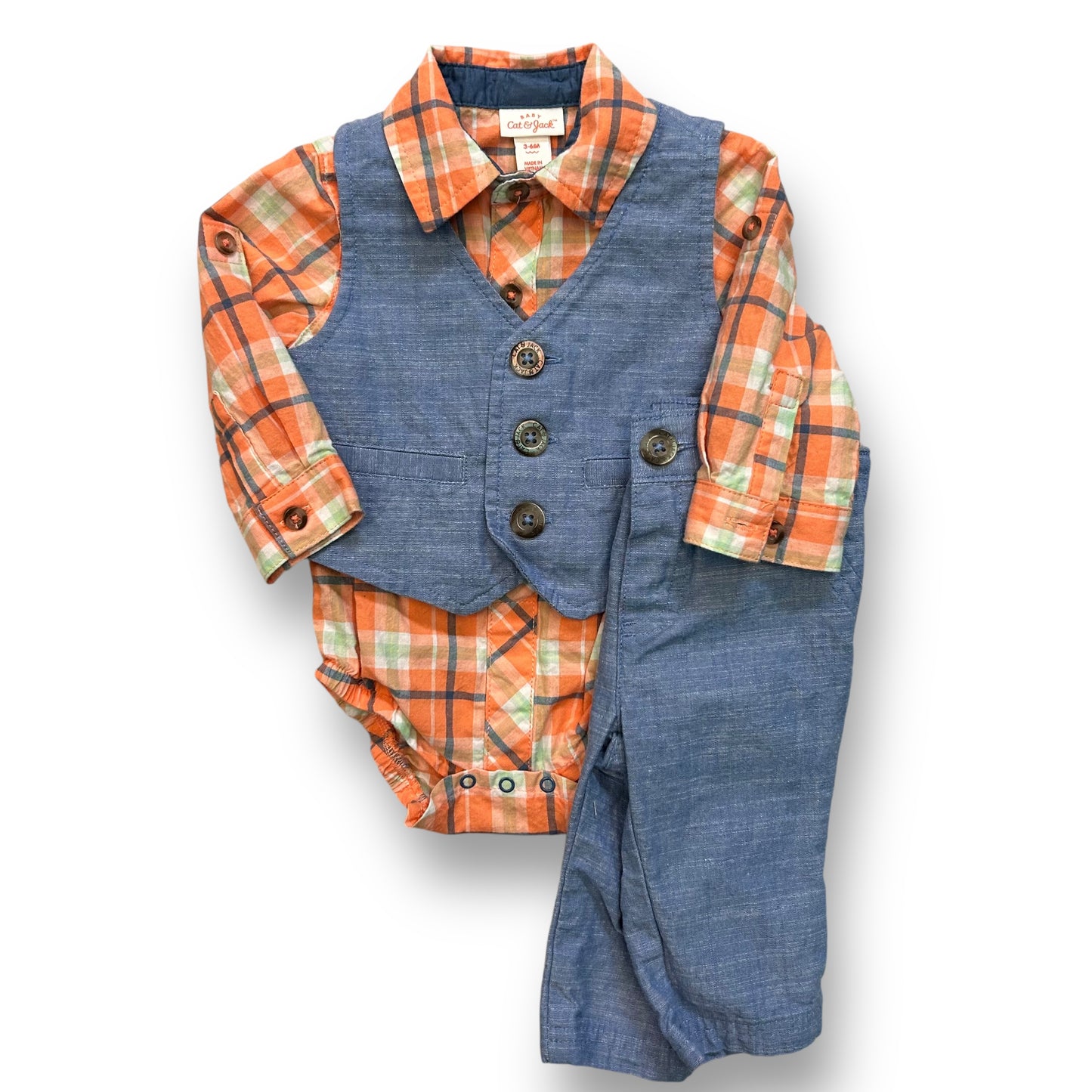 Cat & Jack Baby Boy Size 3-6 Months Orange Plaid Bodysuit, Vest, and Pants Set