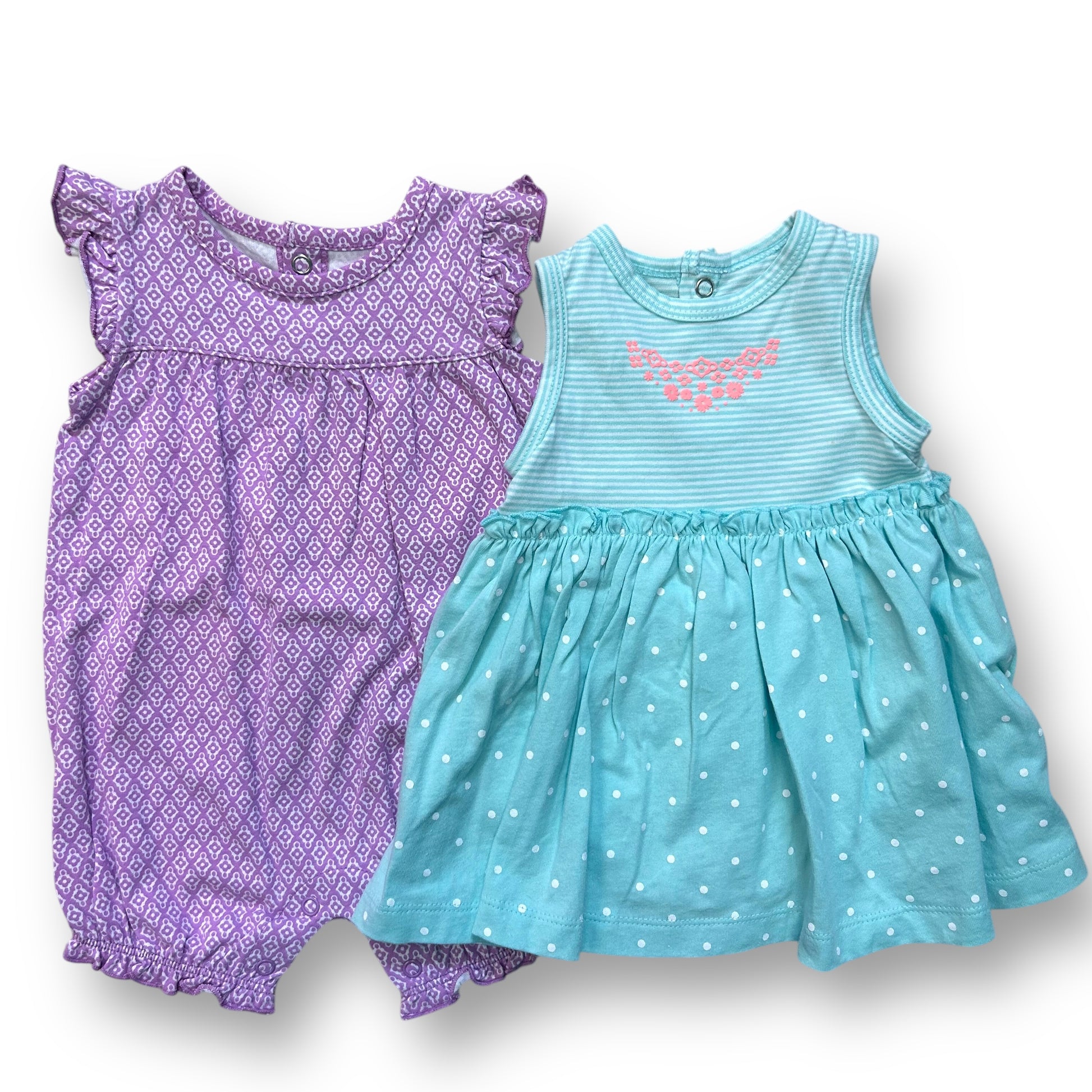 A set of two girls' outfits, one is a romper and the other is a dress, both with green and purple colors and dotted patterns.