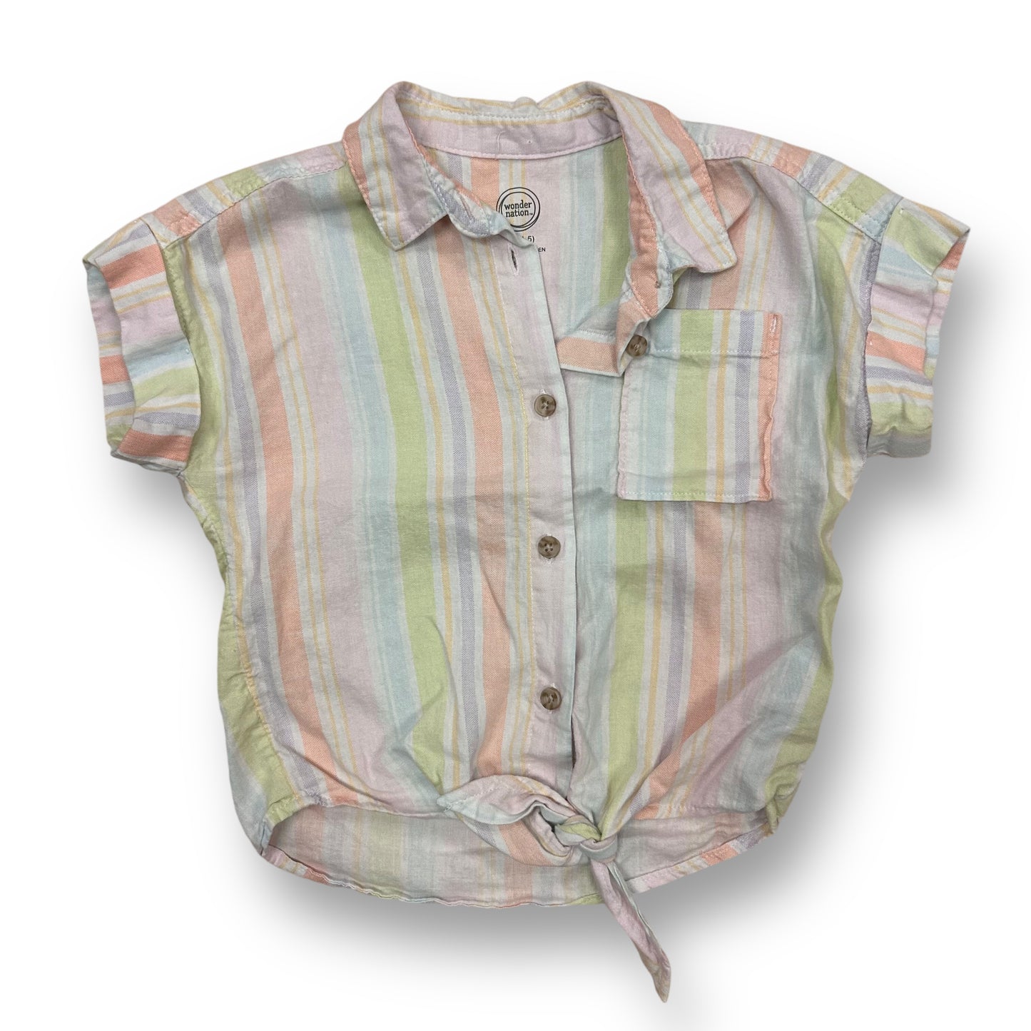 Girls Size 4/5 Pastel Tie-Front Short Sleeve Button Up Blouse with Pocket