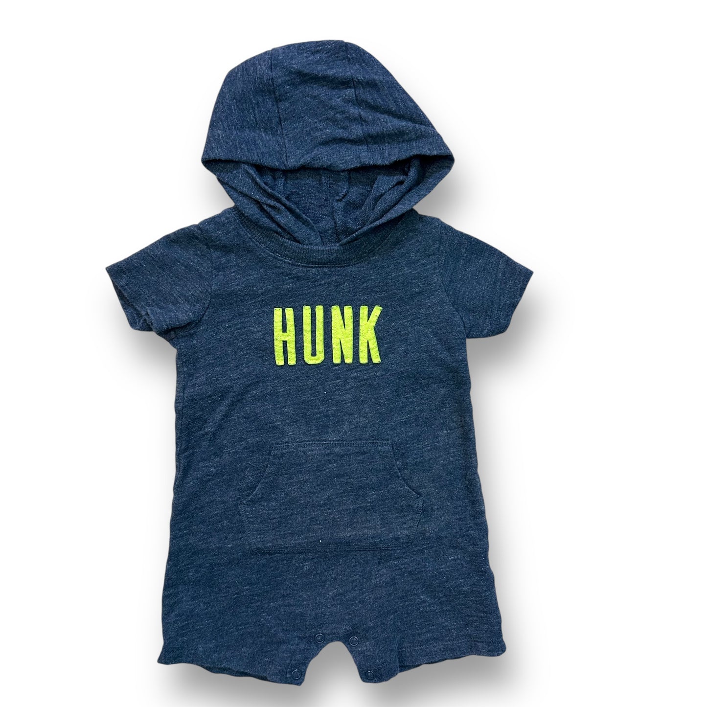 A dark blue hooded snap bottom one-piece for boys, with the word 'HUNK' printed in green on the front.