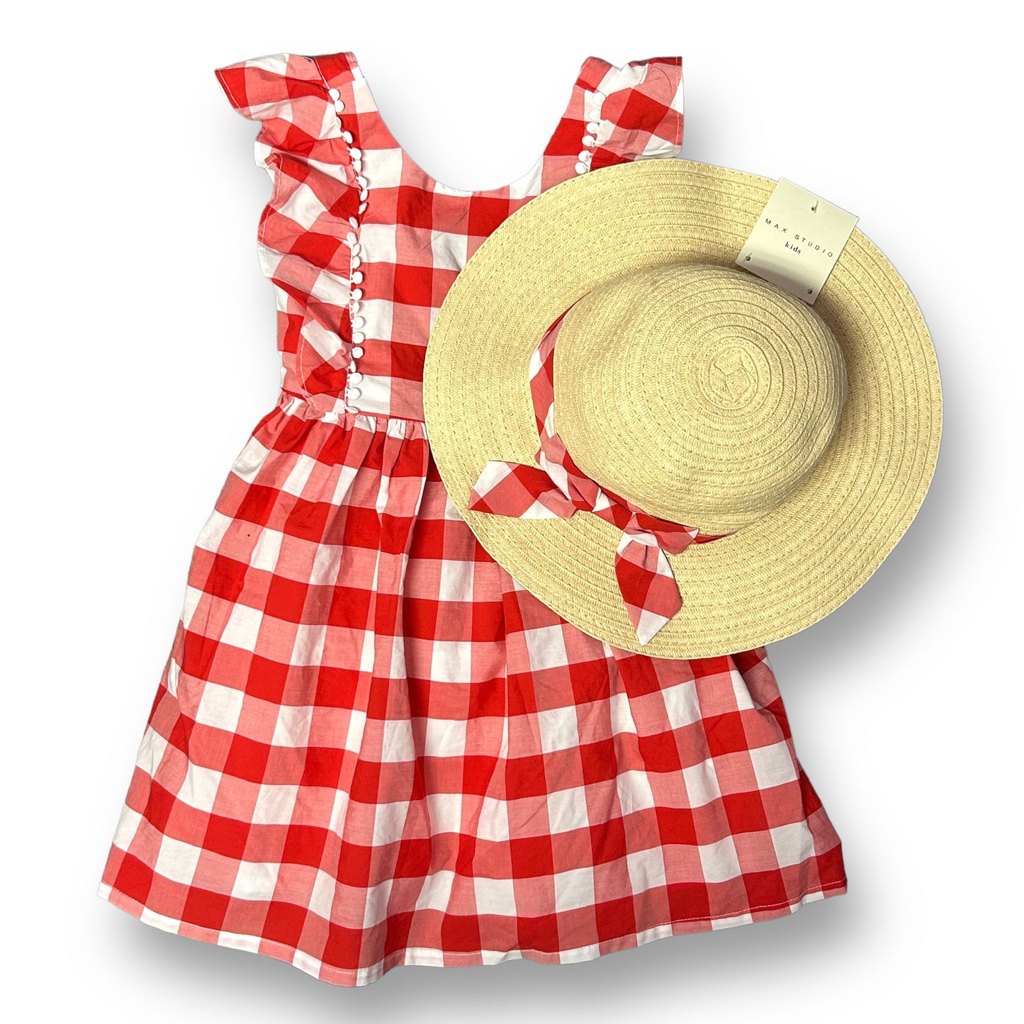 NEW! Girls Max Studio Size 4T Red & White Checkered Sleeveless Dress with Hat
