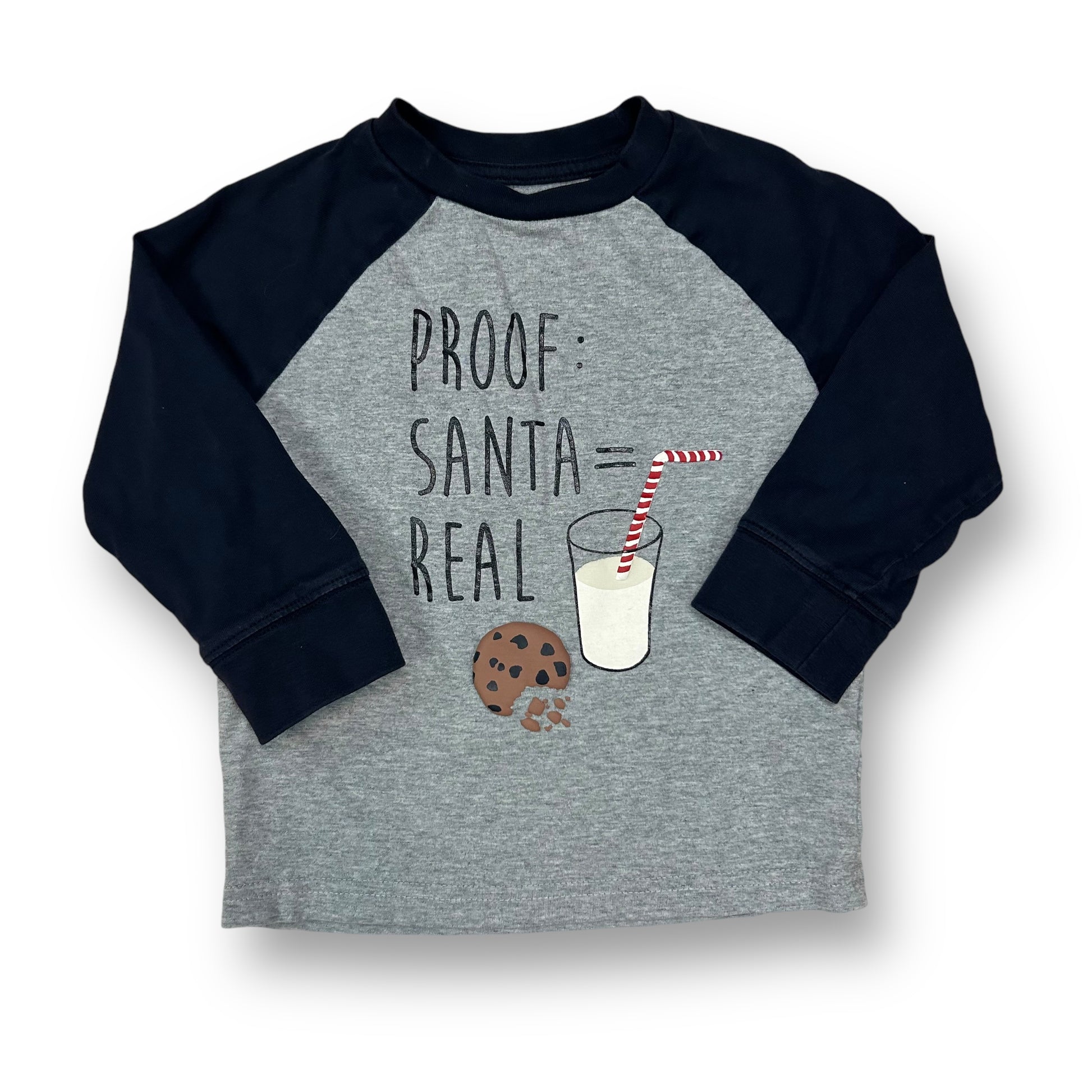 Long sleeve navy and gray Christmas themed shirt for toddlers, with text 'PROOF: Santa = Real' and illustrations of a cookie and a milk drink.
